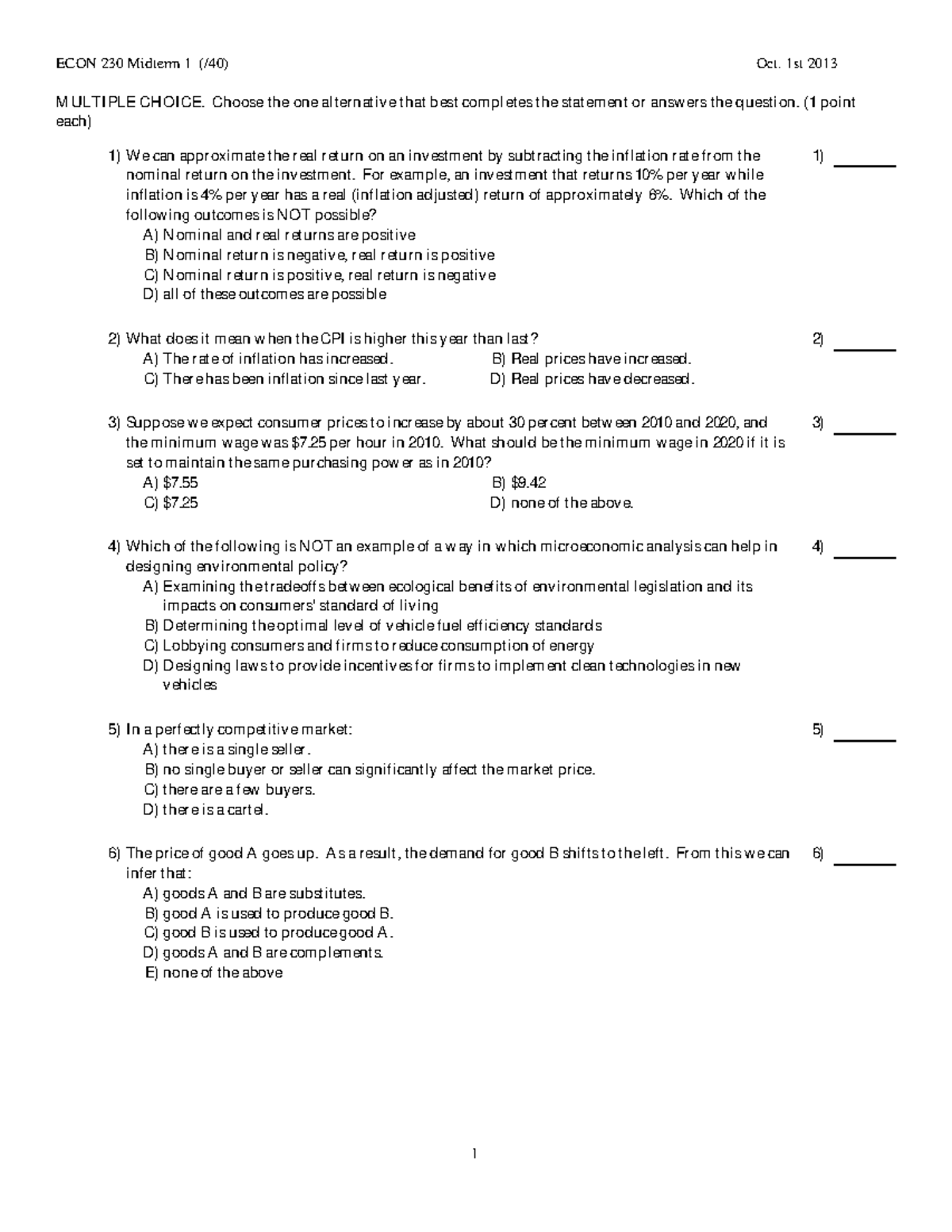 230 Midterm 1 v1 answer key - ECON 230 Midterm 1 (/40) Oct. 1st 2013 ...