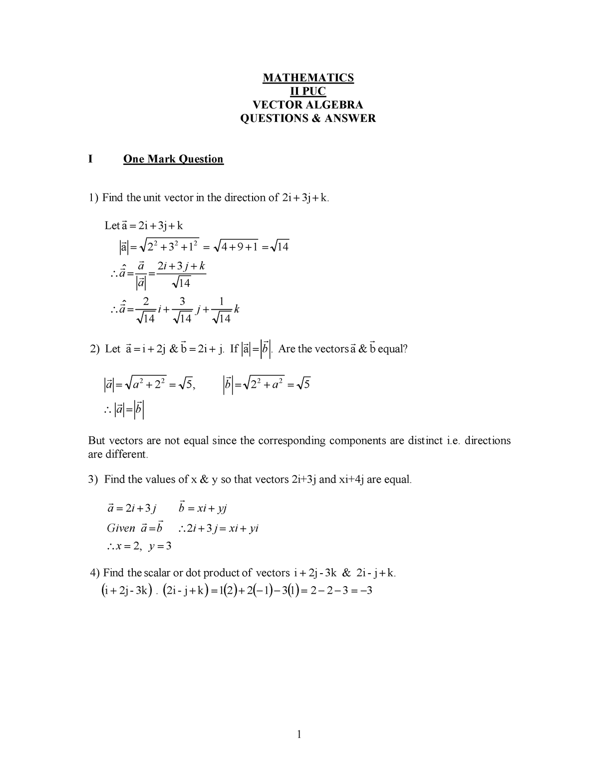 Vector algebra questions MATHEMATICS II PUC VECTOR ALGEBRA QUESTIONS