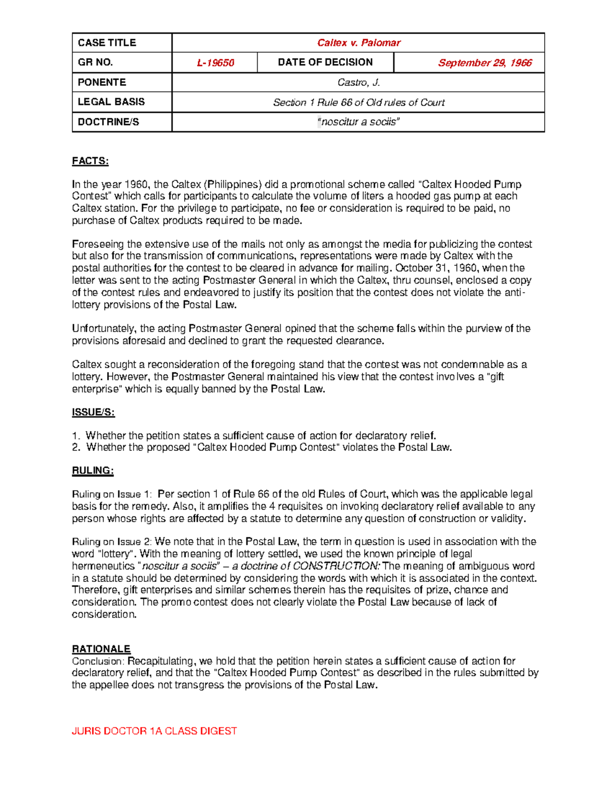Caltex v. Palomar G.R. No. L-19650 - CASE TITLE Caltex v. Palomar GR NO ...