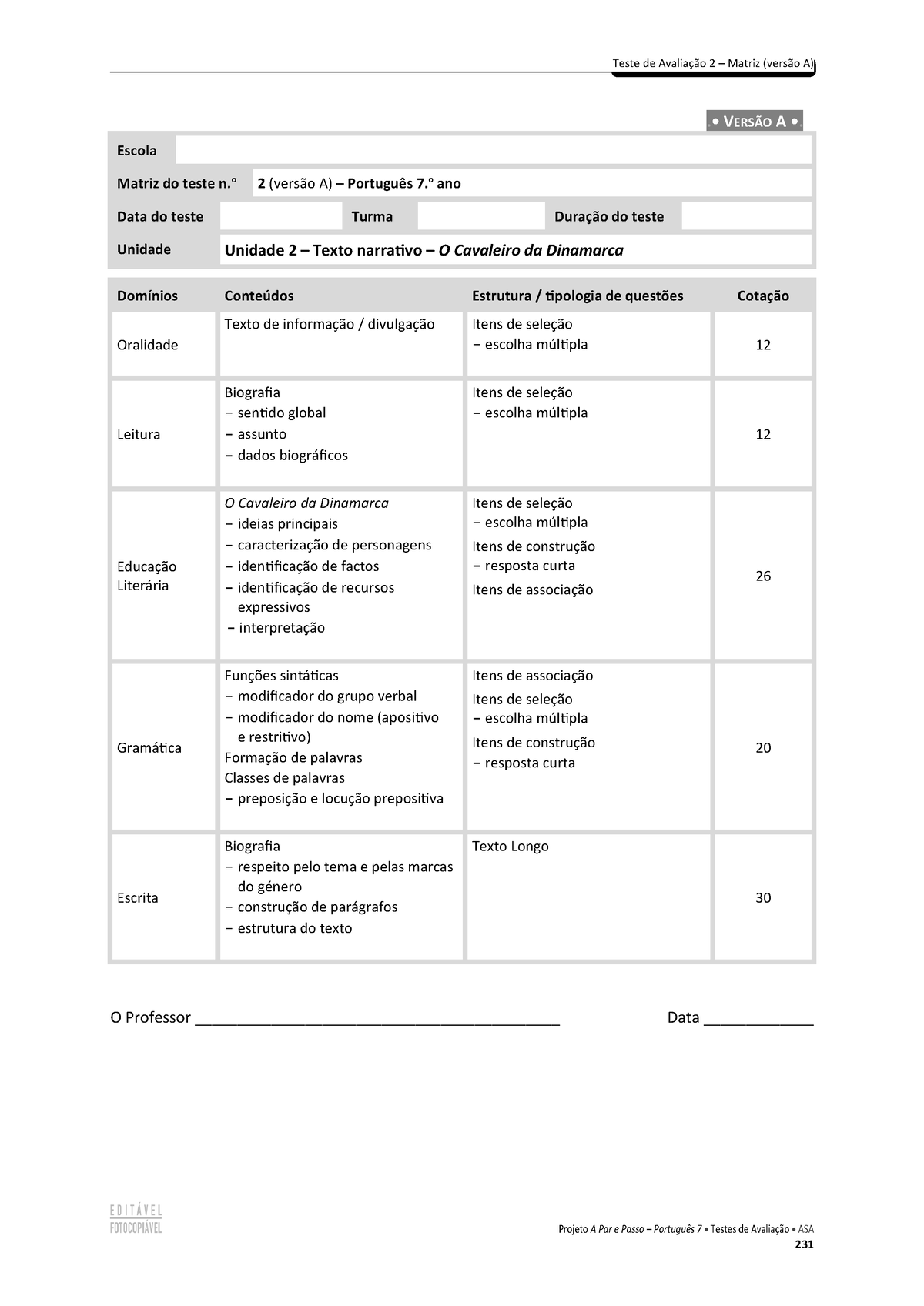 Fichas De Trabalho - Teste De Avaliação 2 – Matriz (versão A) .• VersÃo 