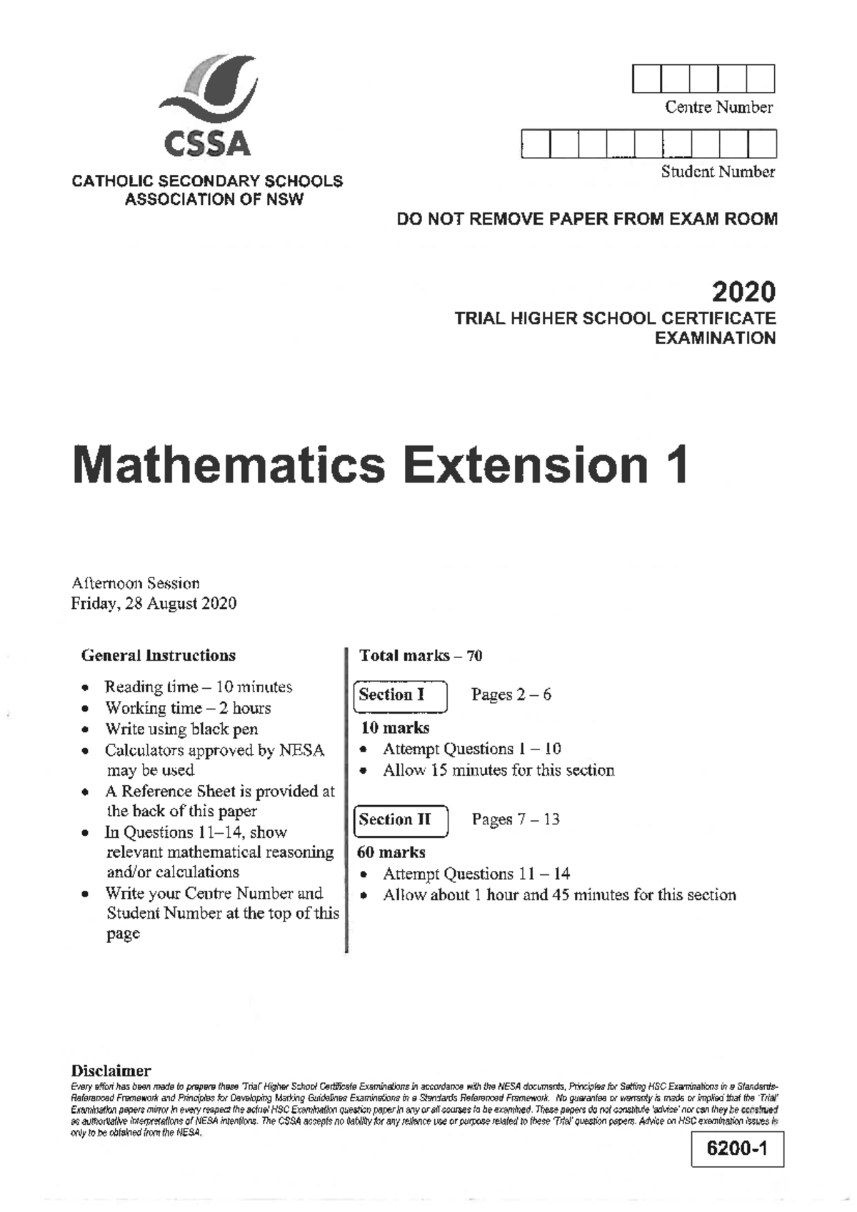 CSSA 2020 Math Ext Trial Paper - Studocu