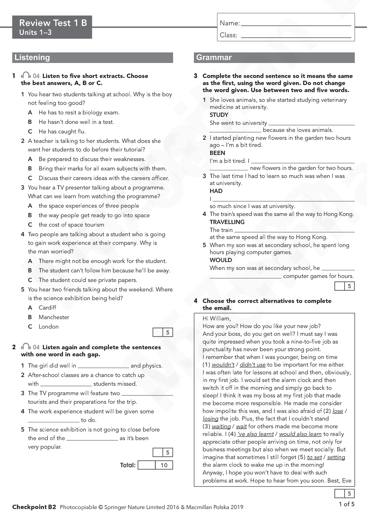 Checkpoint B2 Review Test 1 B - Review Test 1 B Units 1– Class ...