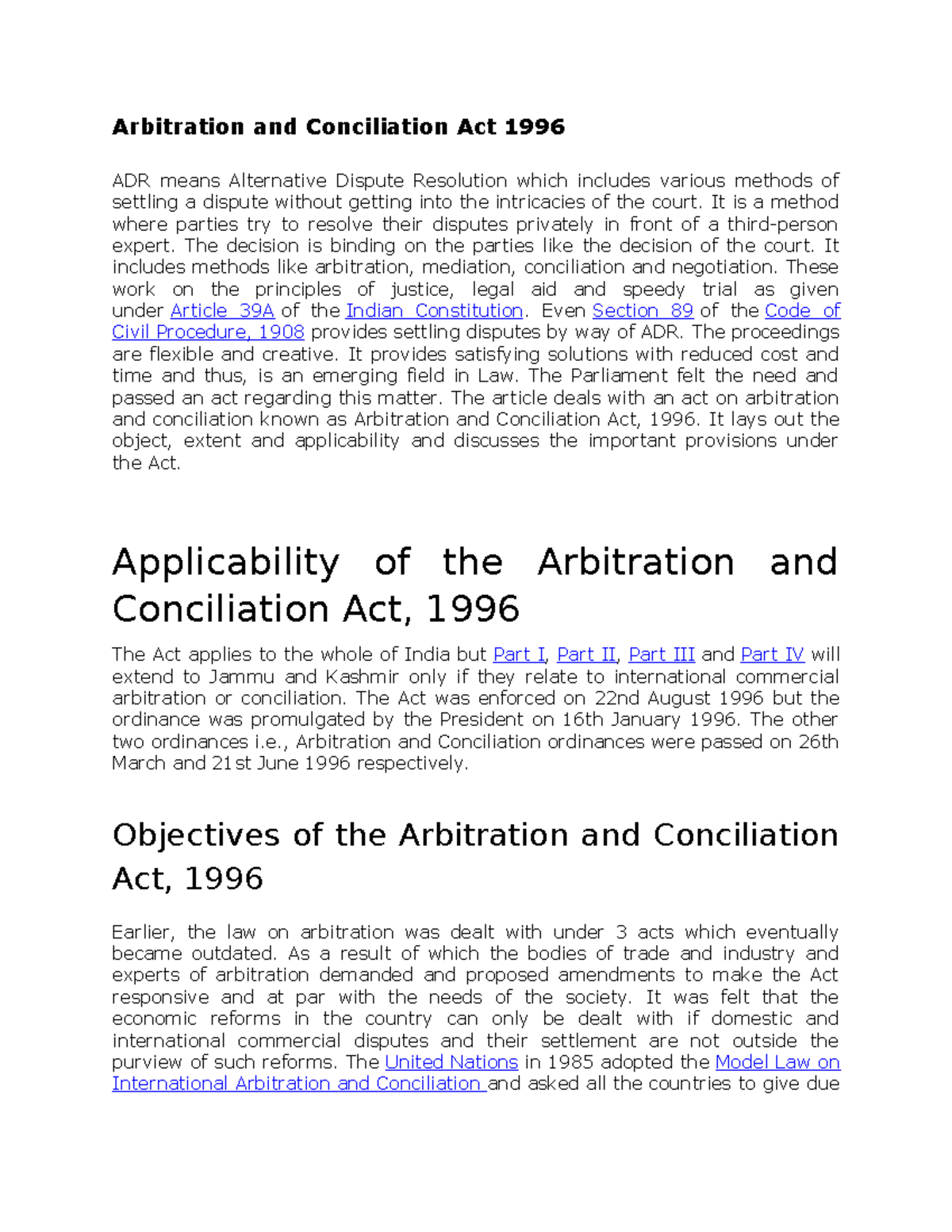 Arbitration And Conciliation Act 1996 - It Is A Method Where Parties ...