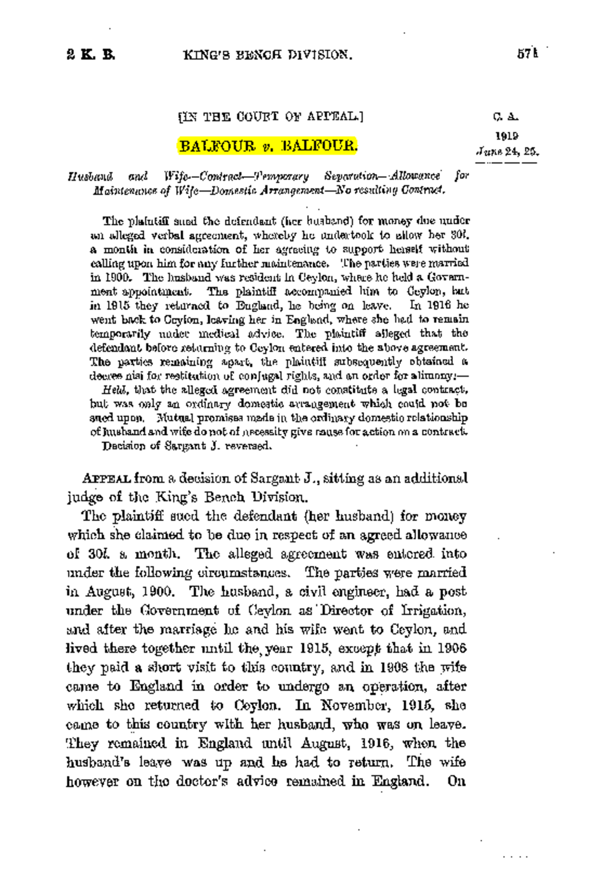 Balkfour v Balfour, [1919] 2 KB 571 2 K. B. KING'S BENCH DIVISION