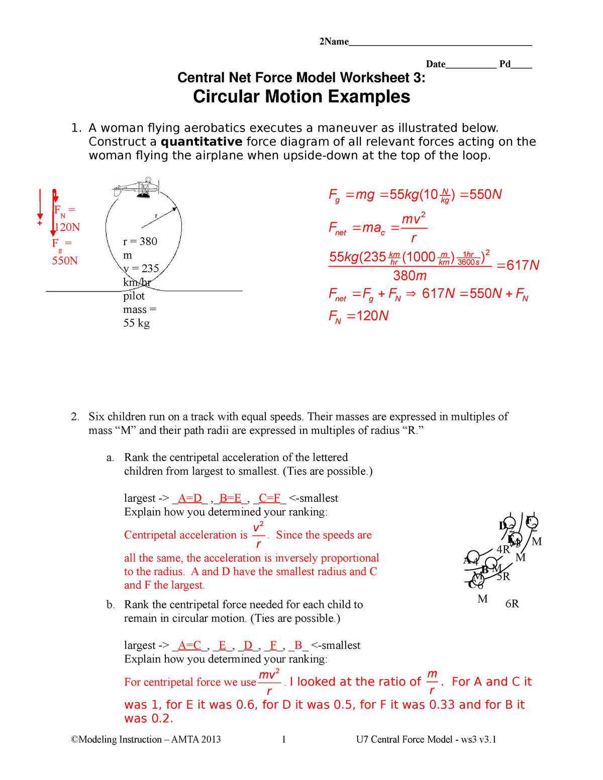 Circular motion w21 -answers - PHY-21 - General Physics I - Durham Within Forces Worksheet 1 Answer Key