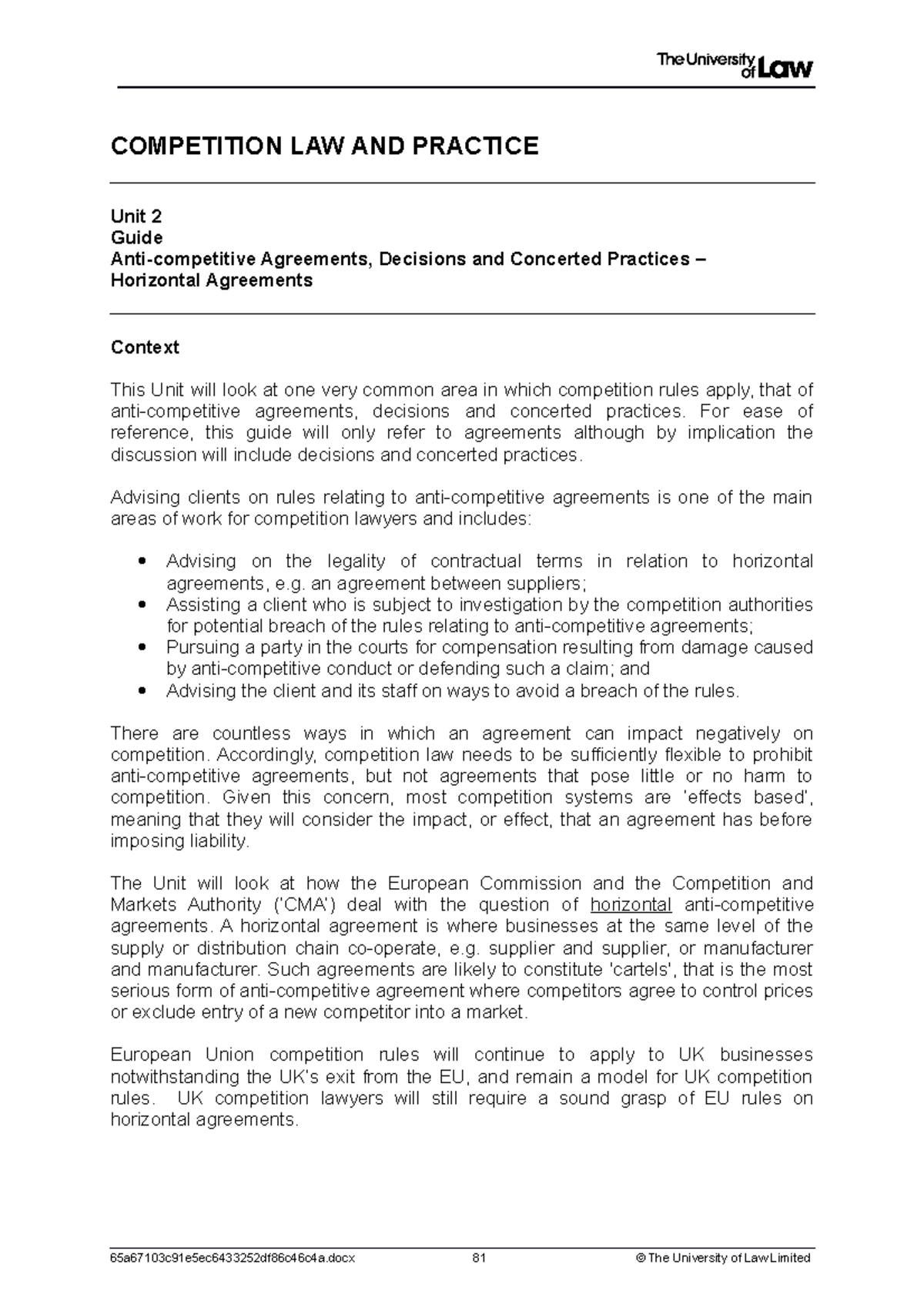 WS2 Comp - WS2 Comp - COMPETITION LAW AND PRACTICE Unit 2 Guide Anti ...