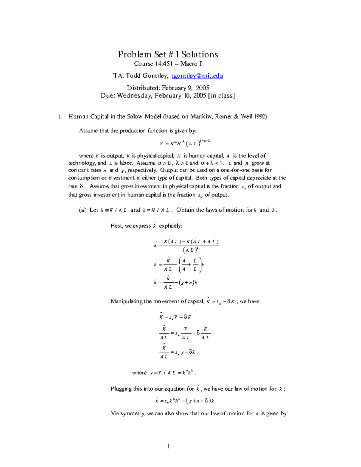 451 Problem Set 1 Solutions - Problem Set #1 Solutions Course 14 ...