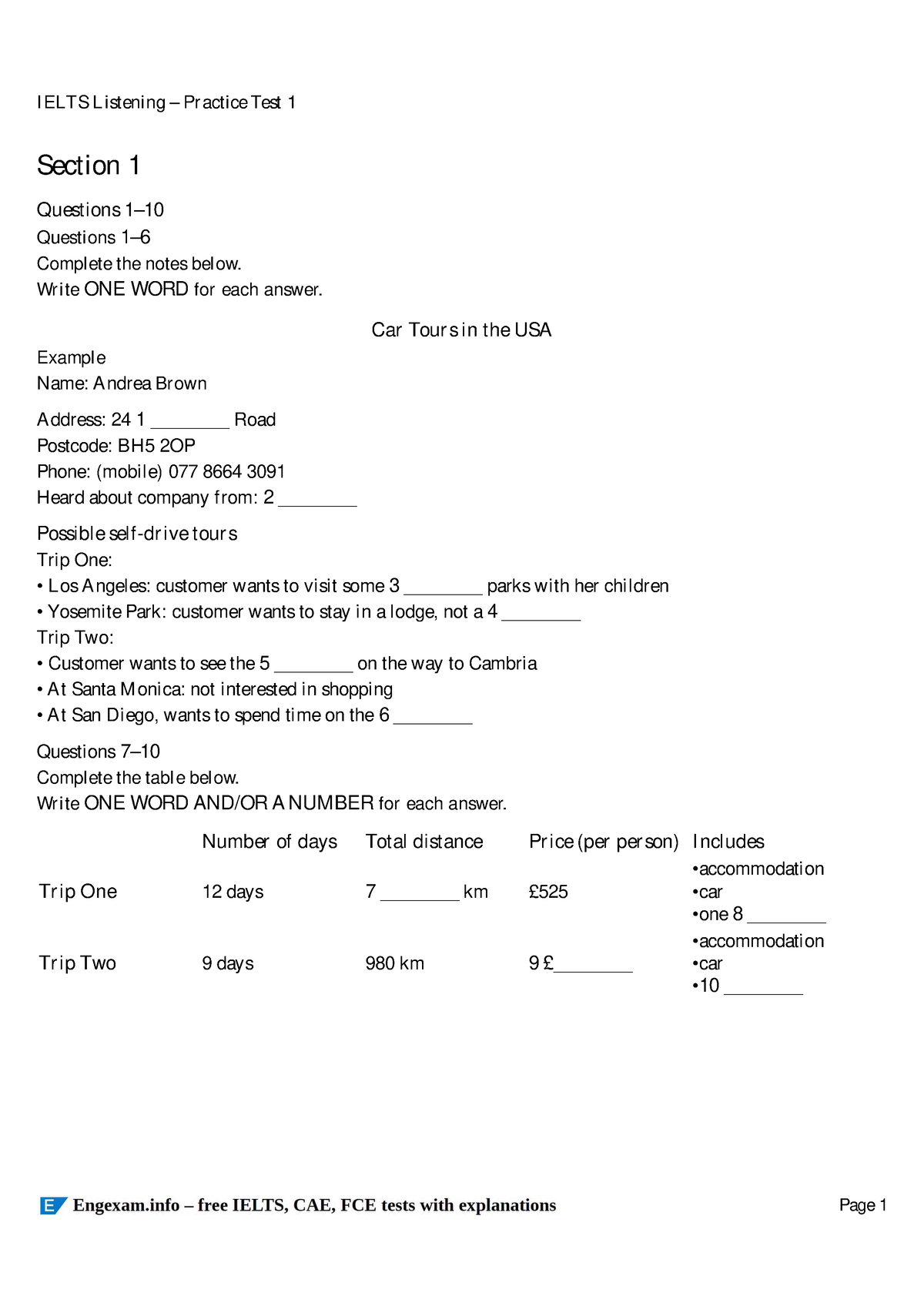 Ielts Listening Practice Test 1 Printable - Section 1 Questions 1 ...