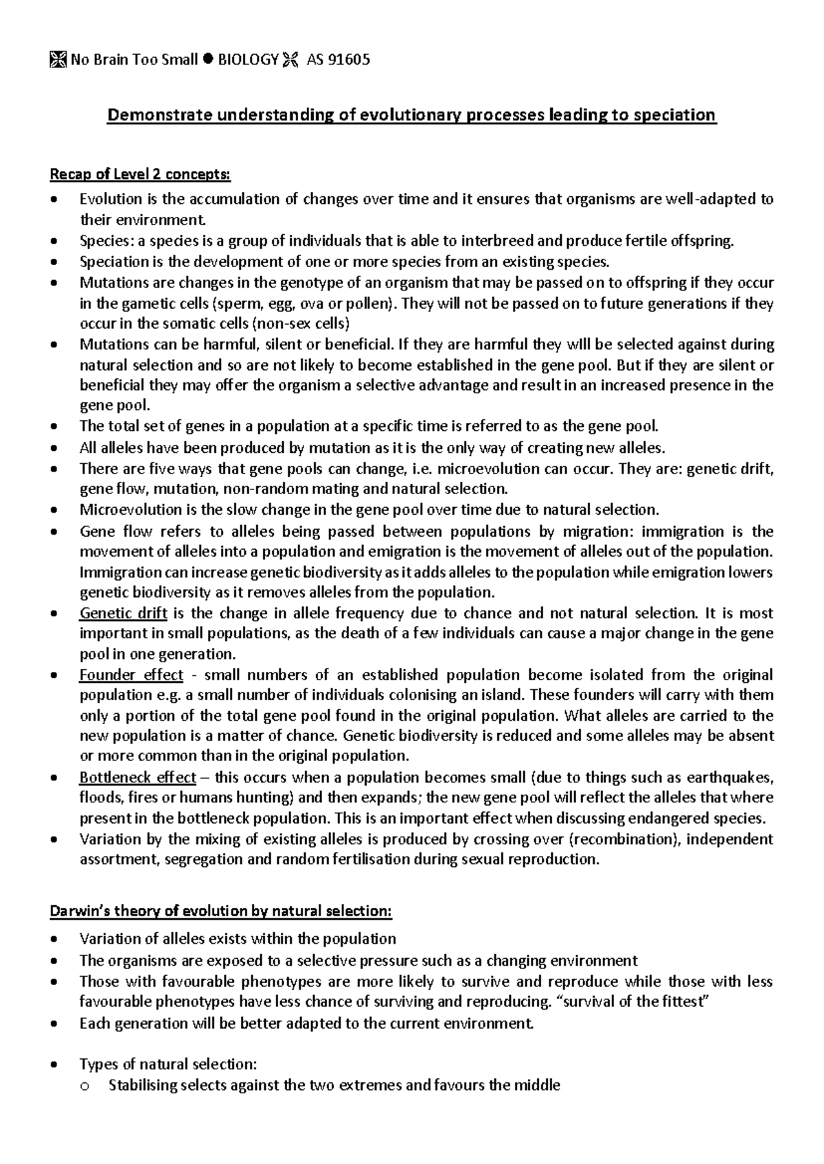 Speciation course notes - Demonstrate understanding of evolutionary ...