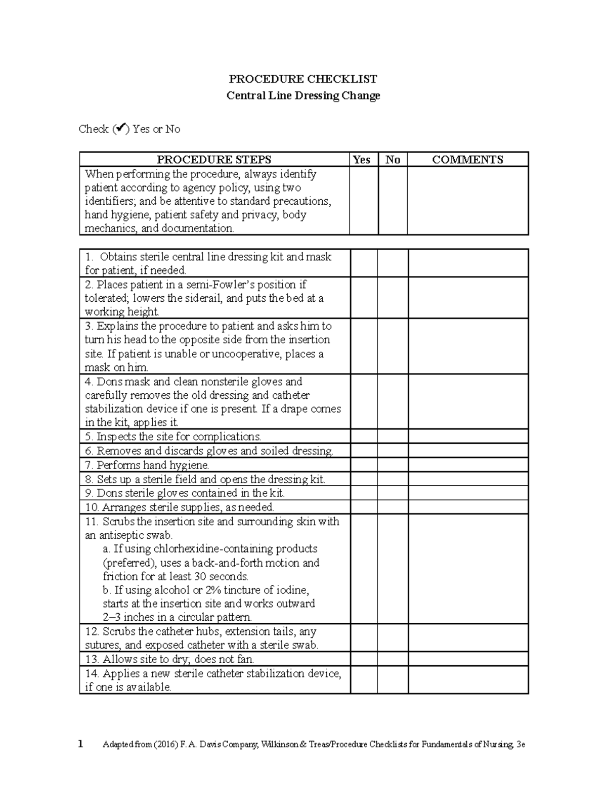 Central Line Care Skill-2 - PROCEDURE CHECKLIST Central Line Dressing ...