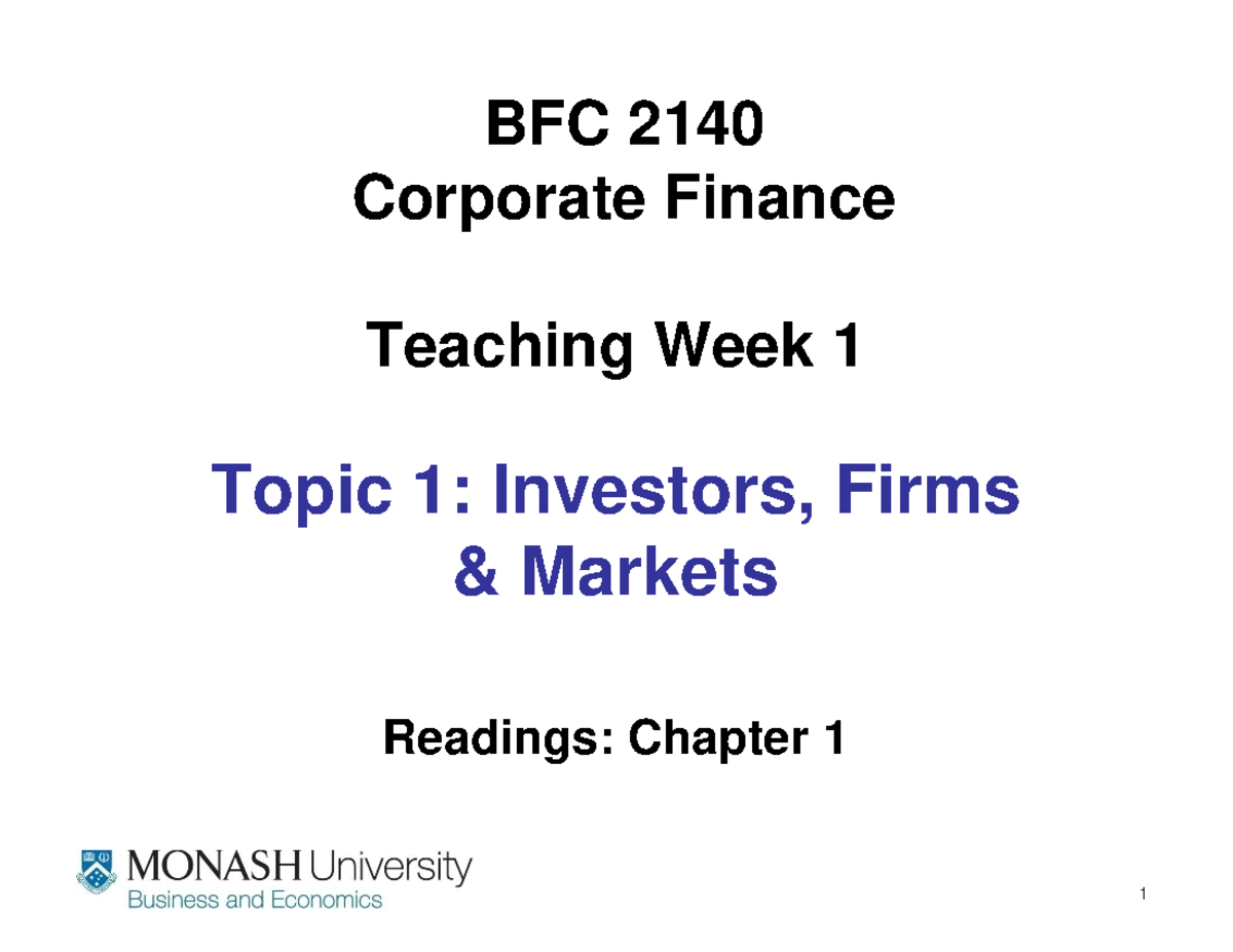 Lecture Notes, Lectures 1 - 2 - BFC 2140 Corporate Finance Teaching ...