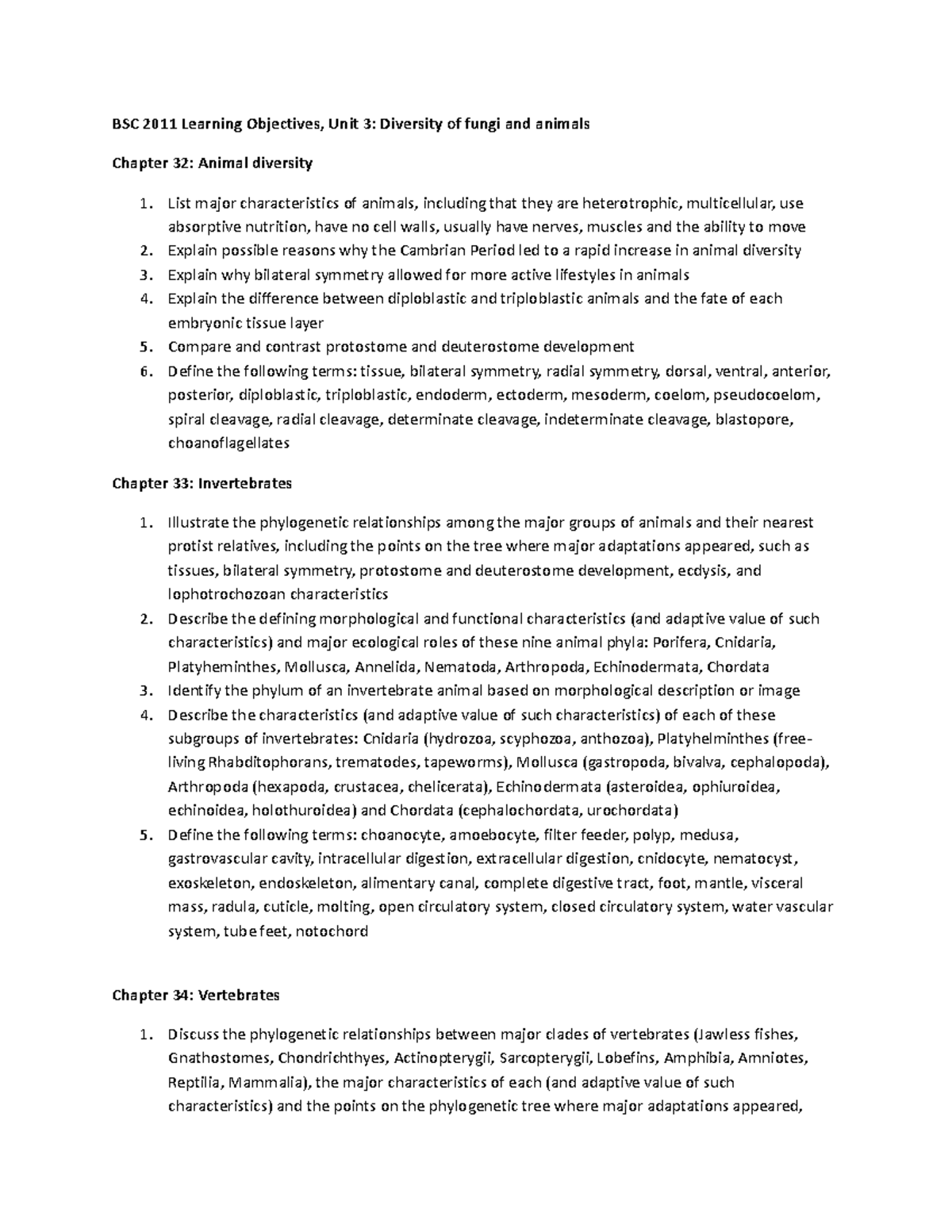 BSC 2011 Learning Objectives unit 3 2023 - BSC 2011 Learning Objectives ...