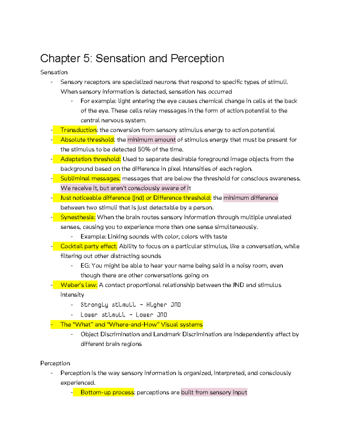 Psychology - Notes - Chapter 5: Sensation and Perception Sensation ...