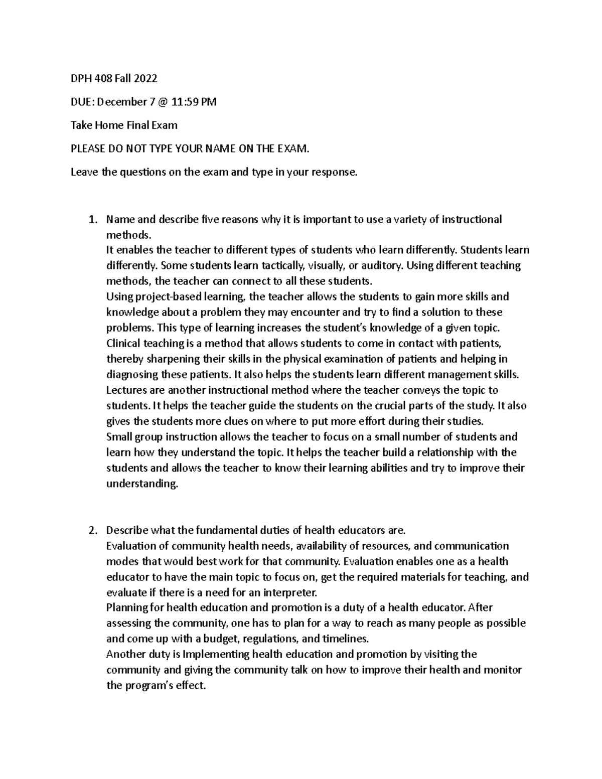 Take home test 408 Fall 2022 - DPH 408 Fall 2022 DUE: December 7 @ 11: ...