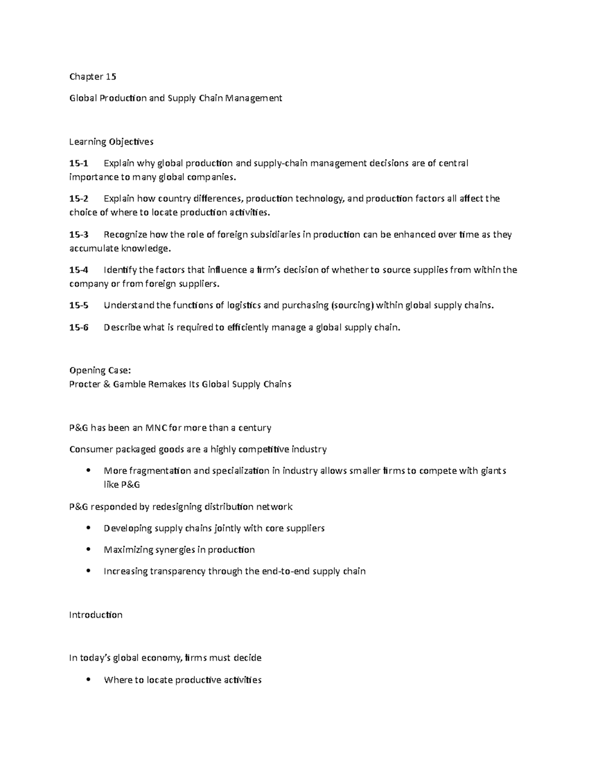 Chapter 15 Lecture Notes 1 - Chapter 15 Global Production and Supply ...