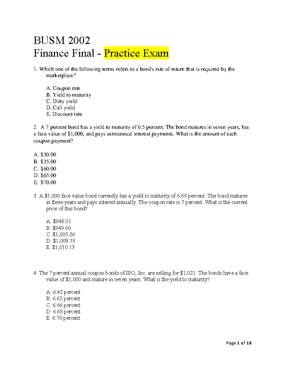 BUSM 2002 EXAM 2 practice - BUSM 2002 Finance Final - Practice Exam ...