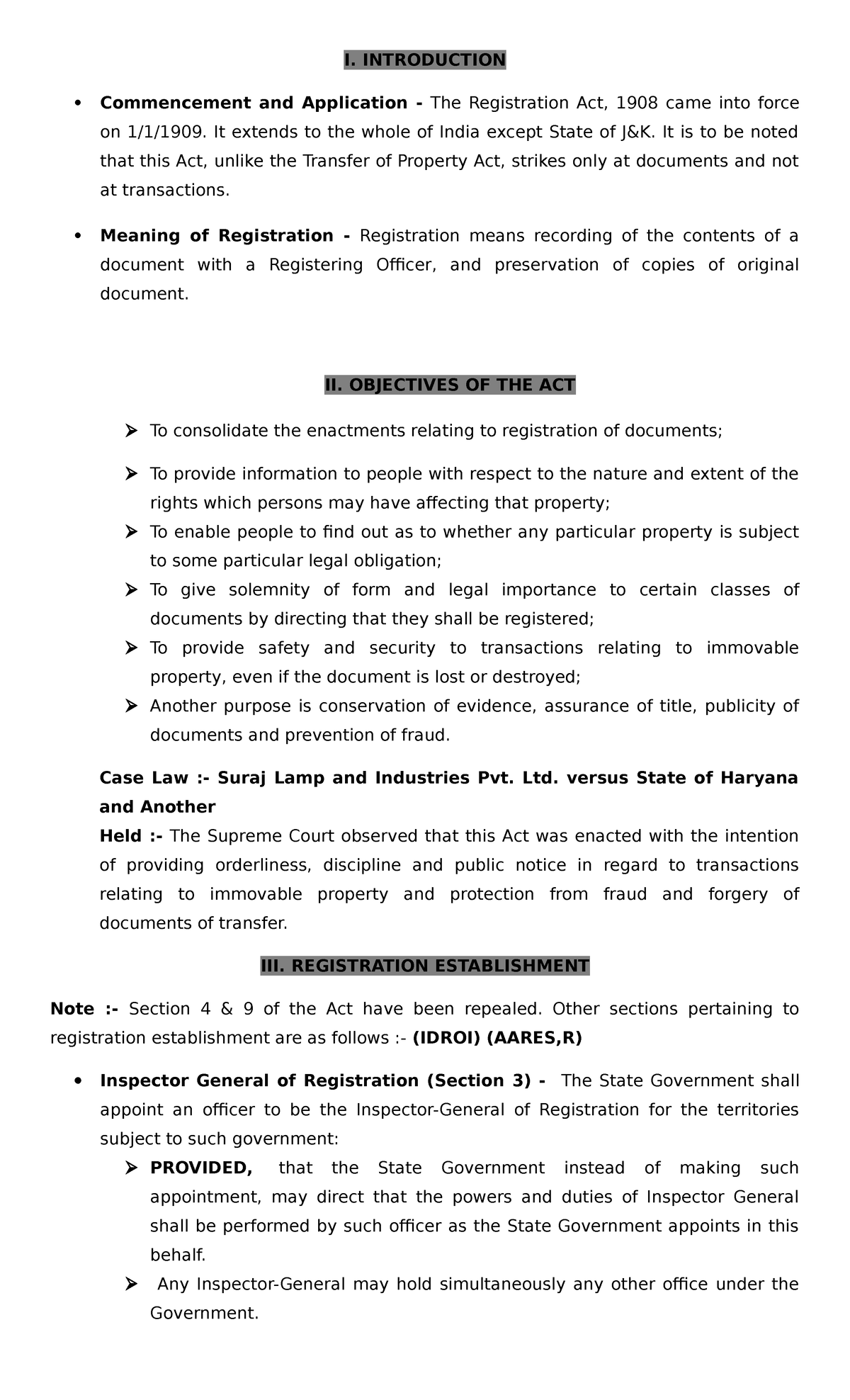 Sem 10 Registration Act Notes - I. INTRODUCTION Commencement and ...