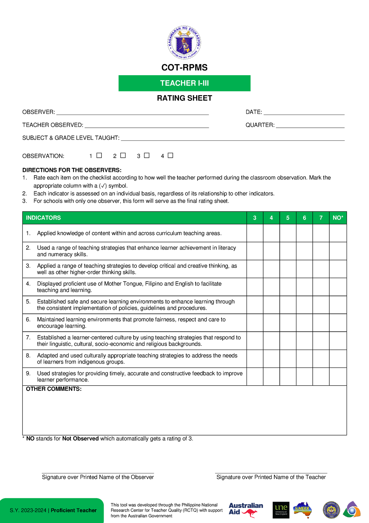 Official Form For Proficient Teachers Cot Rpms Rating Sheet Sy My XXX
