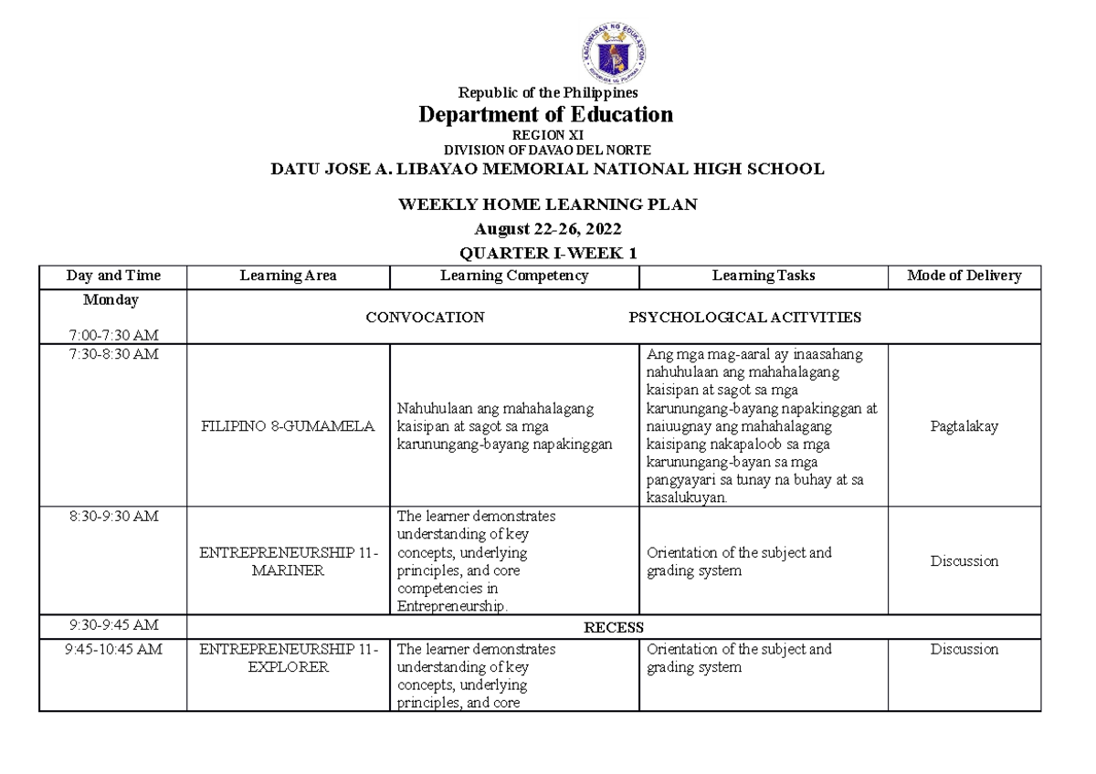 Q1 W1 Weekly HOME Learning PLAN - Republic of the Philippines ...