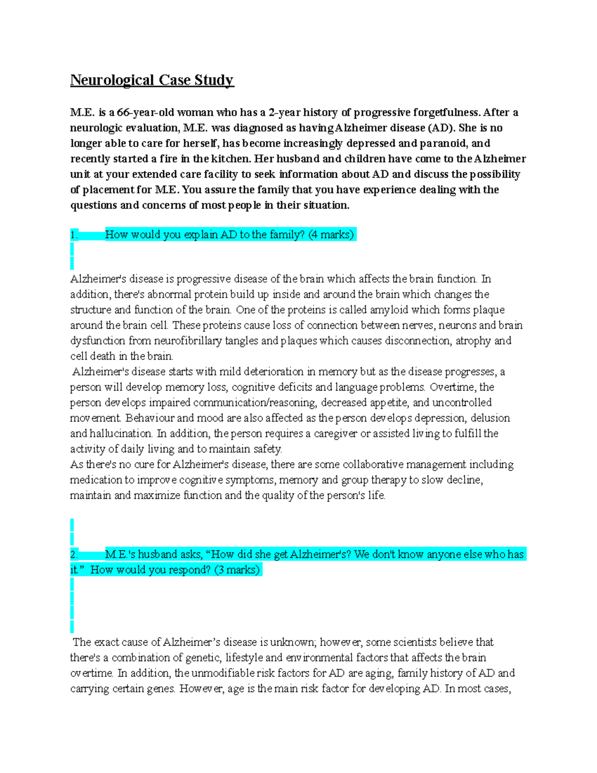 Neurological Case Study is a 66yearold woman who has a 2year