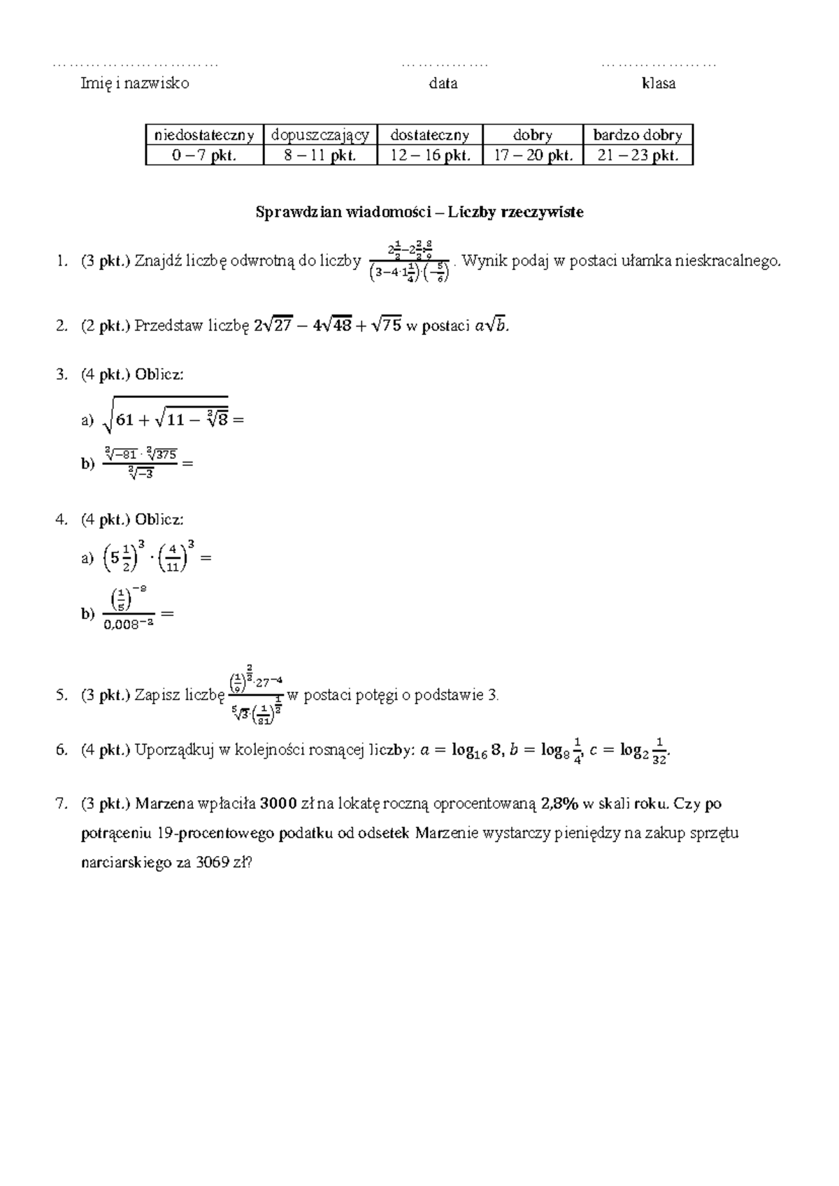 Sprawdzian Liczby Rzeczywiste 1 Lo www.studocu.com