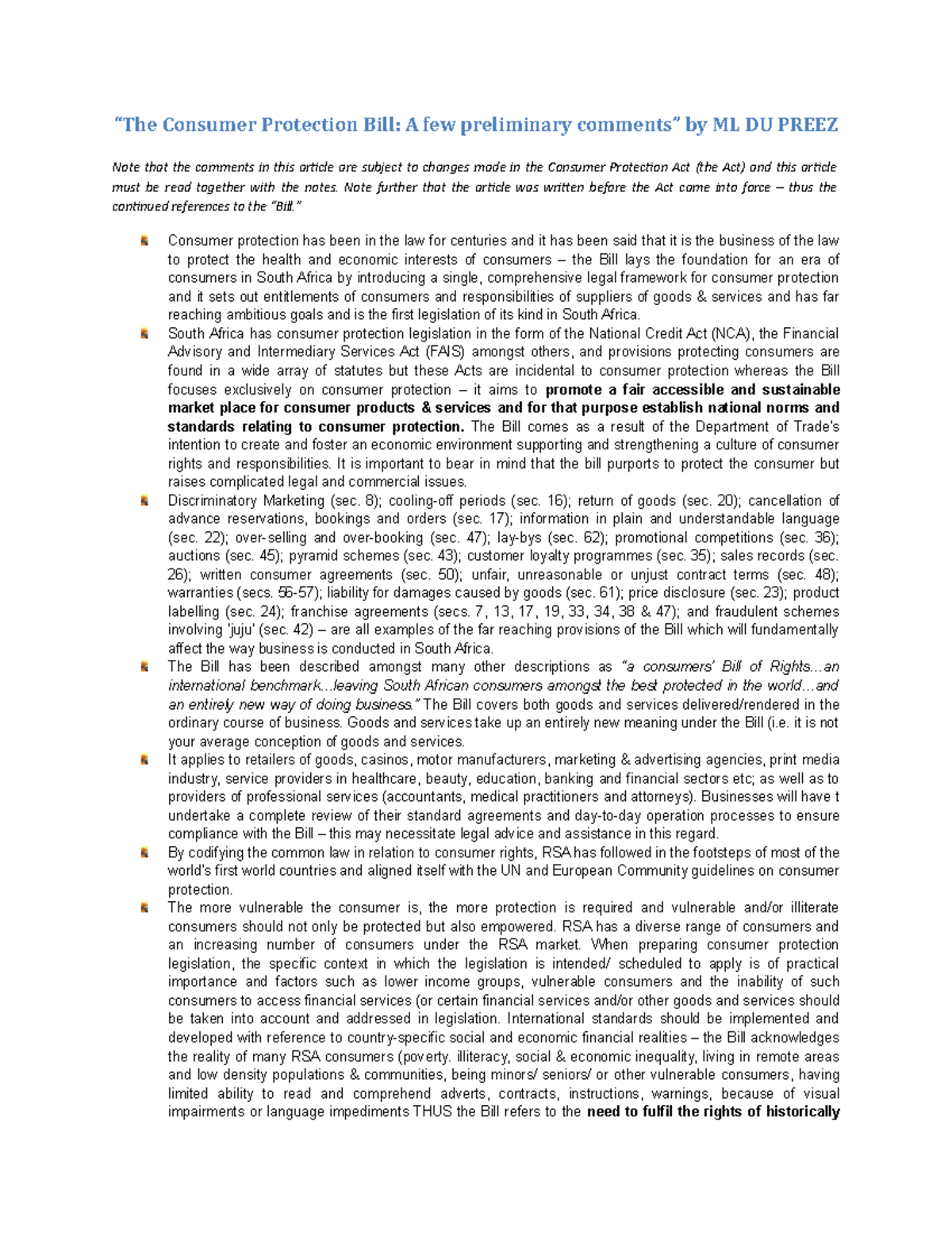 Private Law precribed article for the exam S. Jijita “The Consumer Protection Bill A few