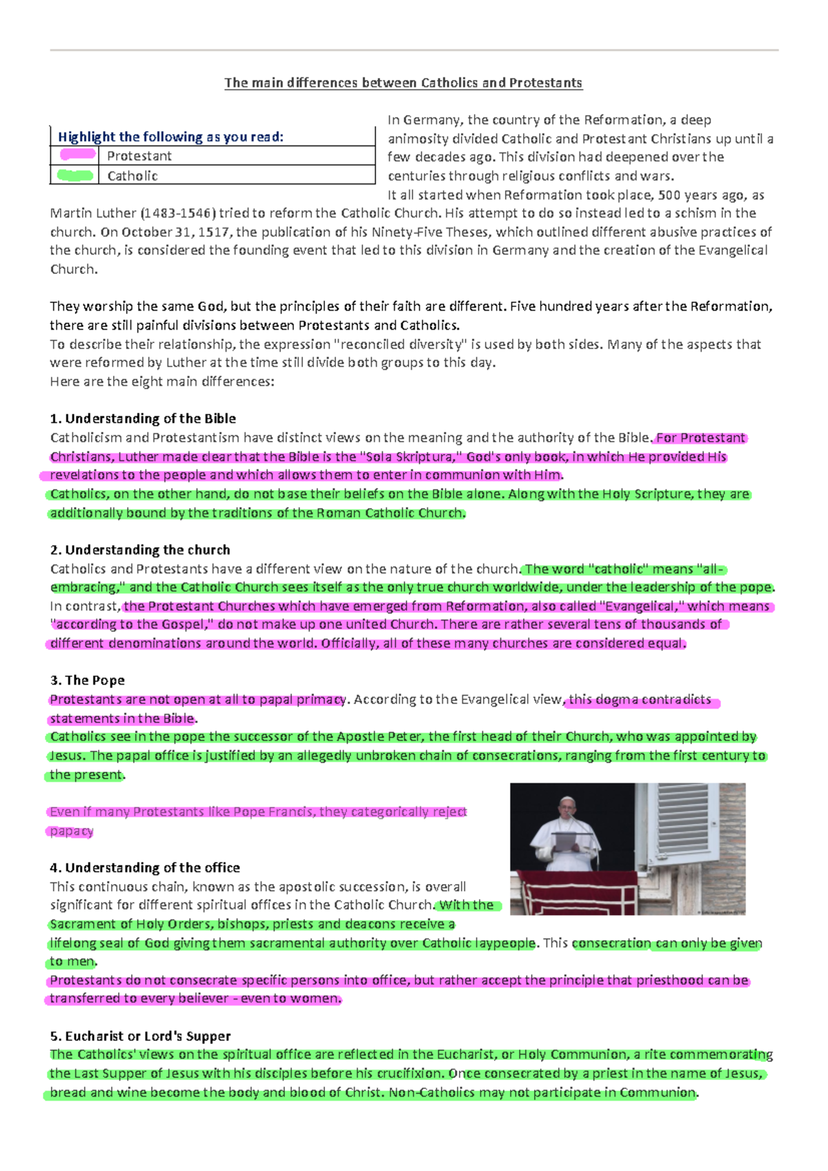 Catholic Vs Protestant Beliefs HW - The main differences between ...