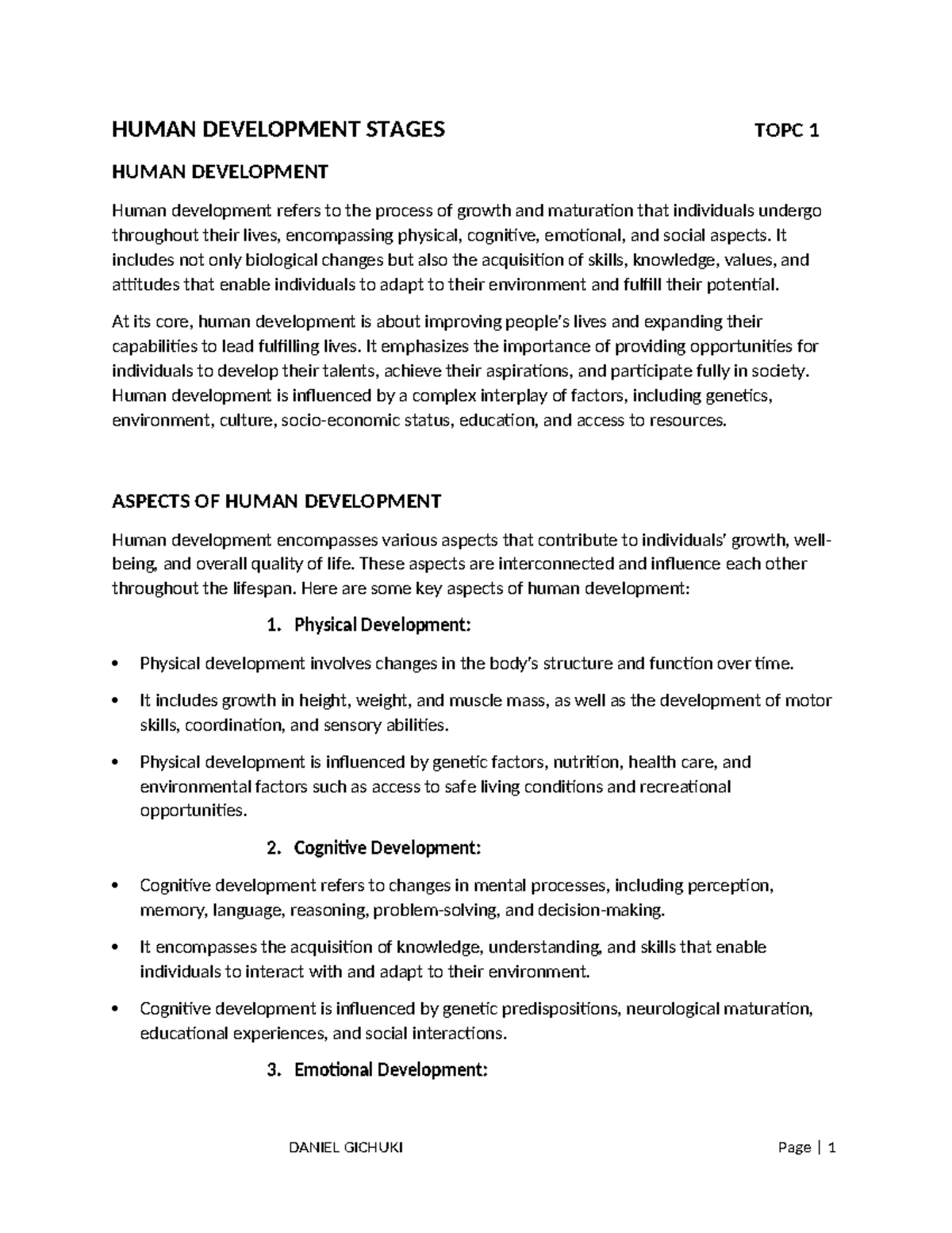 Human Dev. Stages Topic 1 Daniel Gichuki - HUMAN DEVELOPMENT STAGES ...