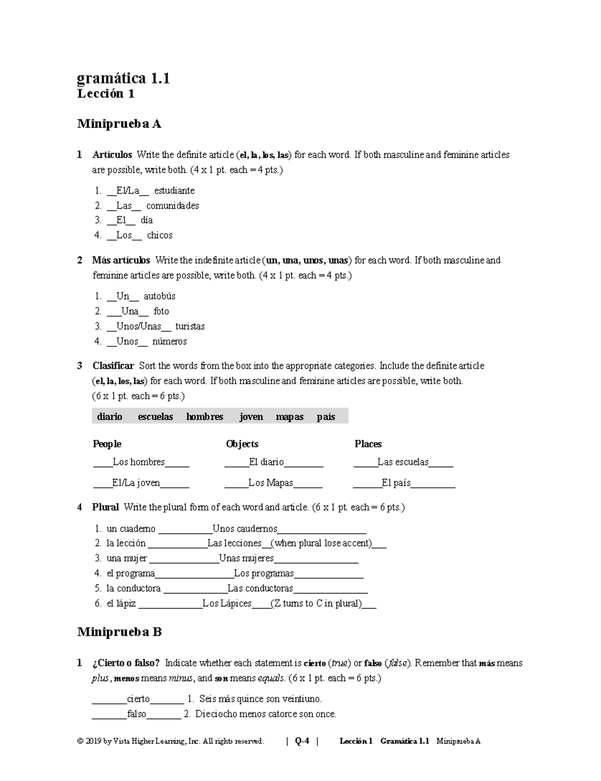 Spanish Lessons 1.1-1.2 - gramática 1. Lección 1 Miniprueba A 1 ...