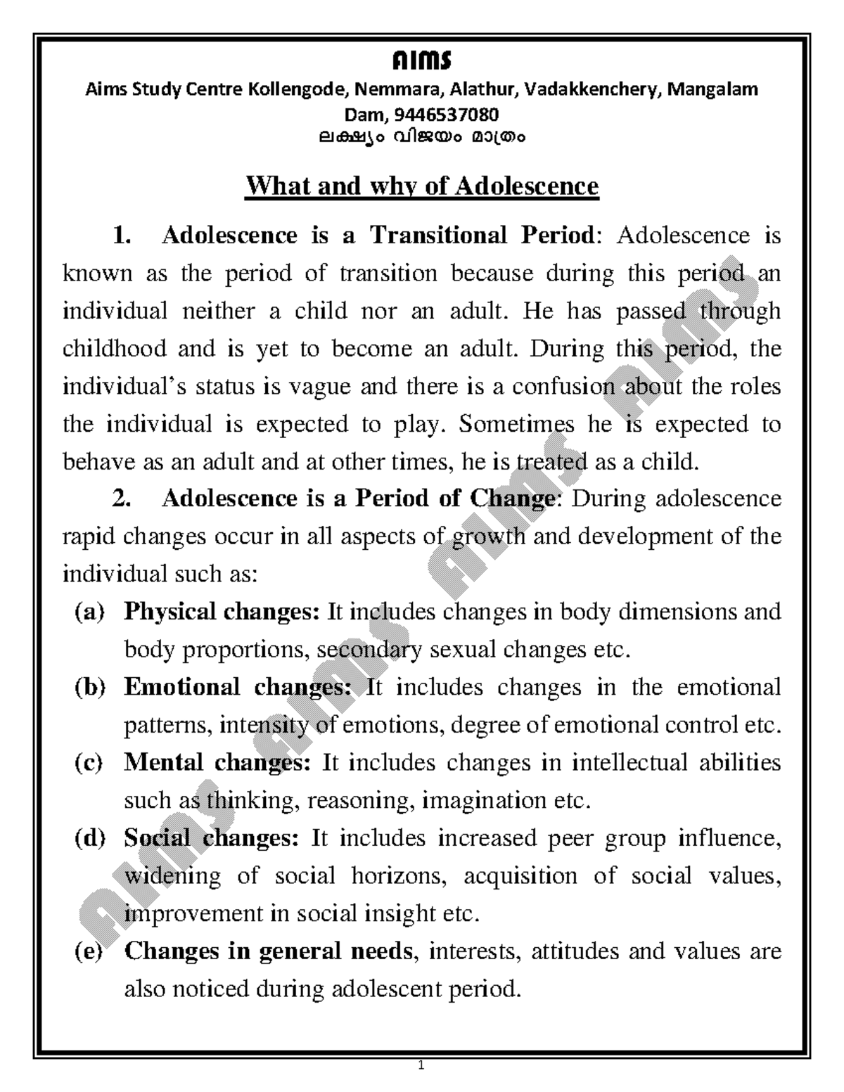 What and why of Adolescence - Aims Study Centre Kollengode, Nemmara ...