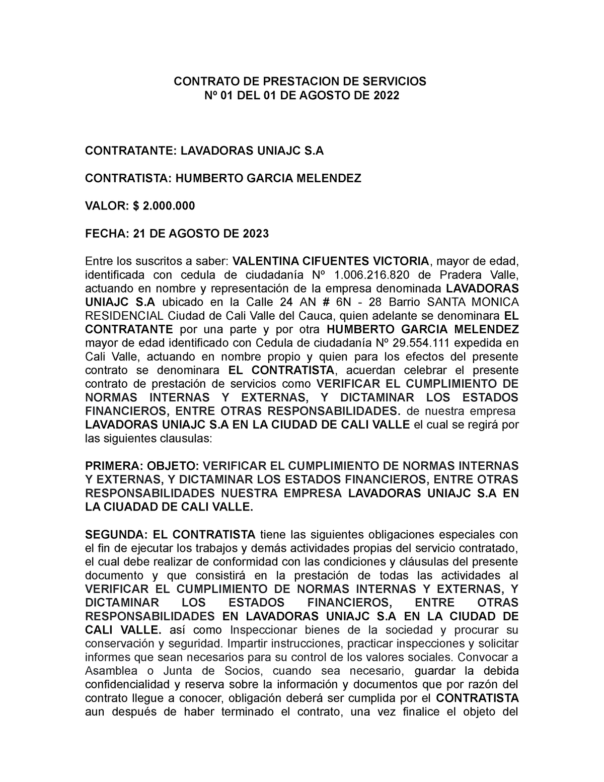 Contrato Revisor Fiscal Contrato De Prestacion De Servicios Nº 01 Del