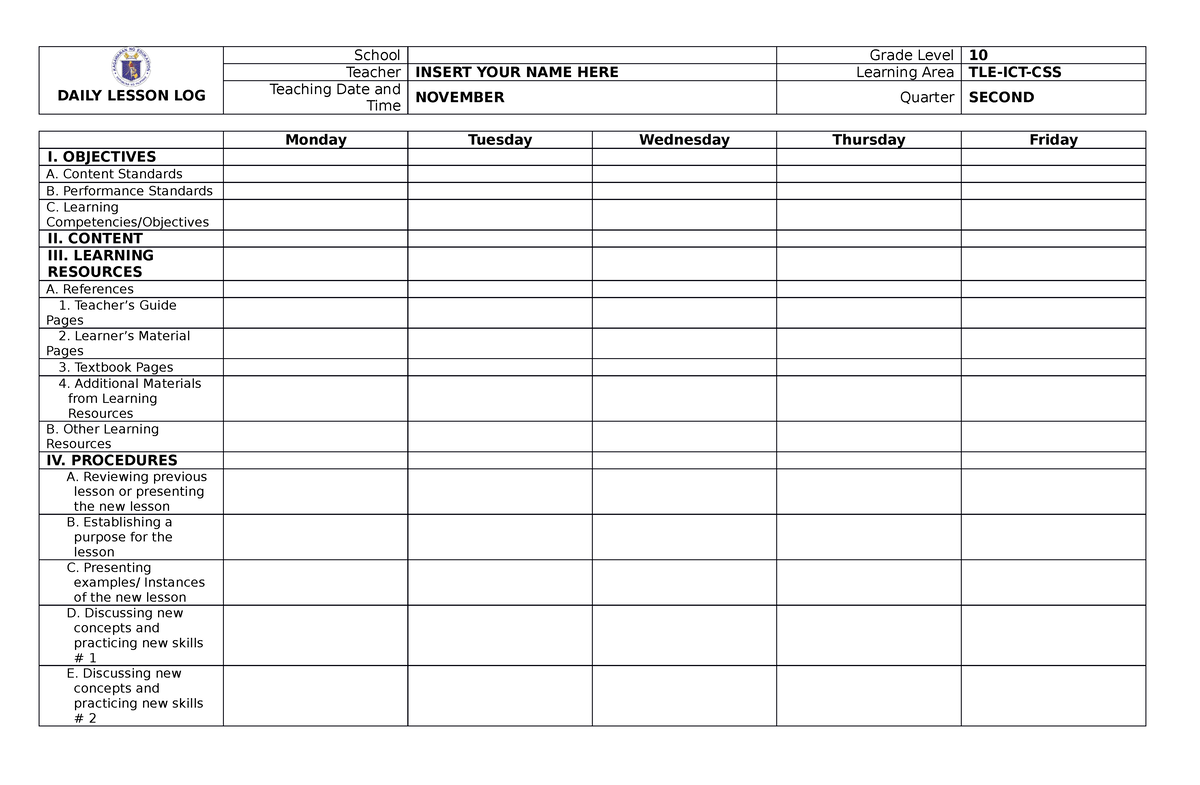 Daily Lesson LOG Template - DAILY LESSON LOG School Grade Level 10 ...