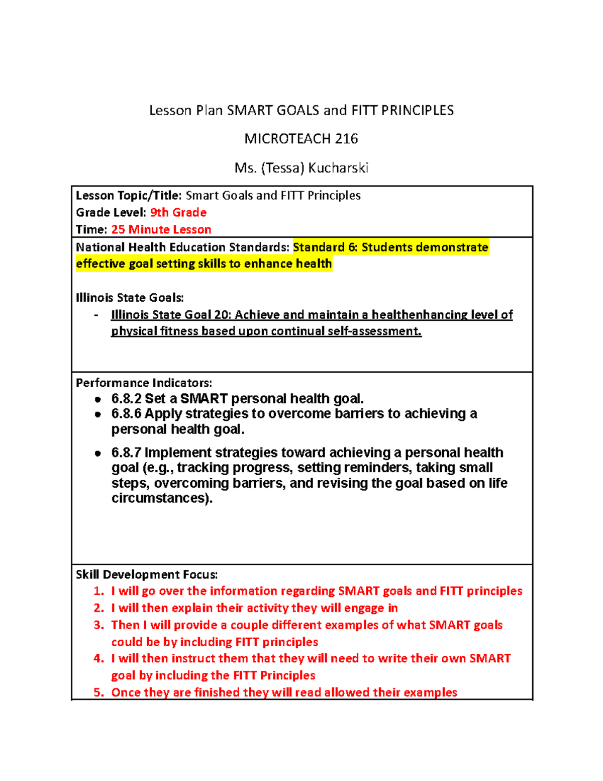 Lesson PLAN Smart Goals - Lesson Plan SMART GOALS and FITT PRINCIPLES ...