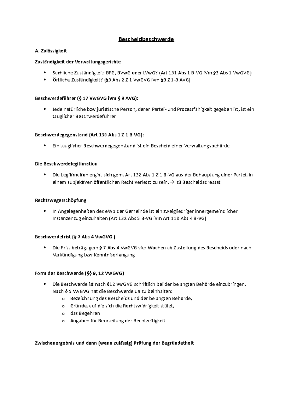 Bescheidbeschwerde Sommersemester Bescheidbeschwerde A