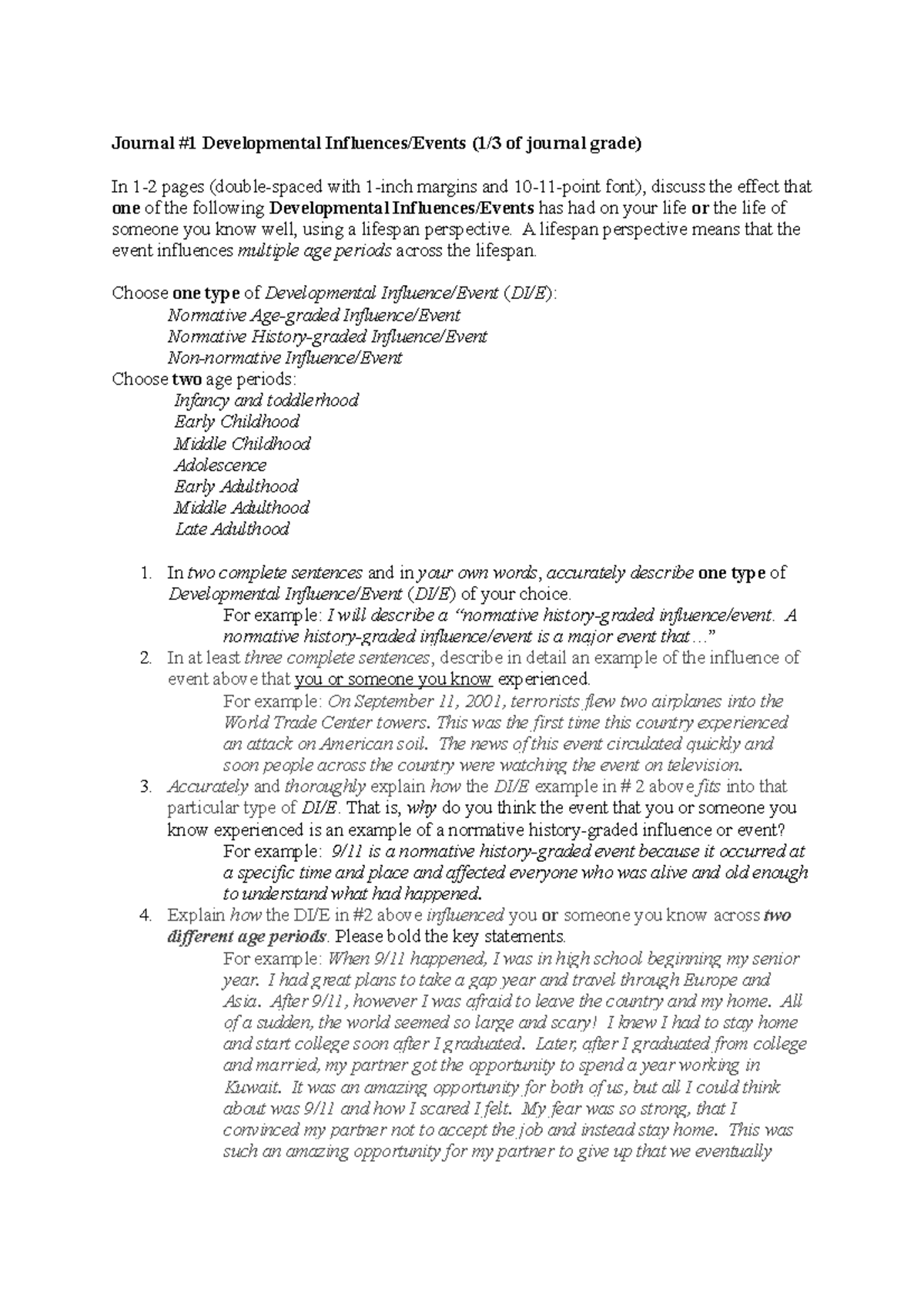Journal#1 Instruction - Journal #1 Developmental Influences/Events (1/3 ...