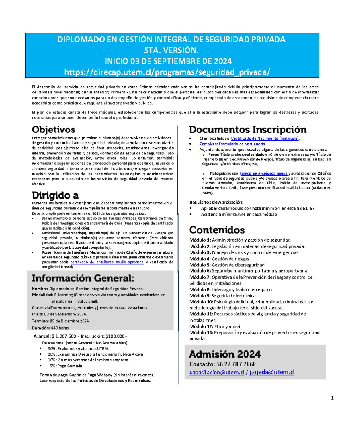 Brochure Diplomado en Seguridad Privada 5ta versión-1 - 1 Contacto: 56 ...