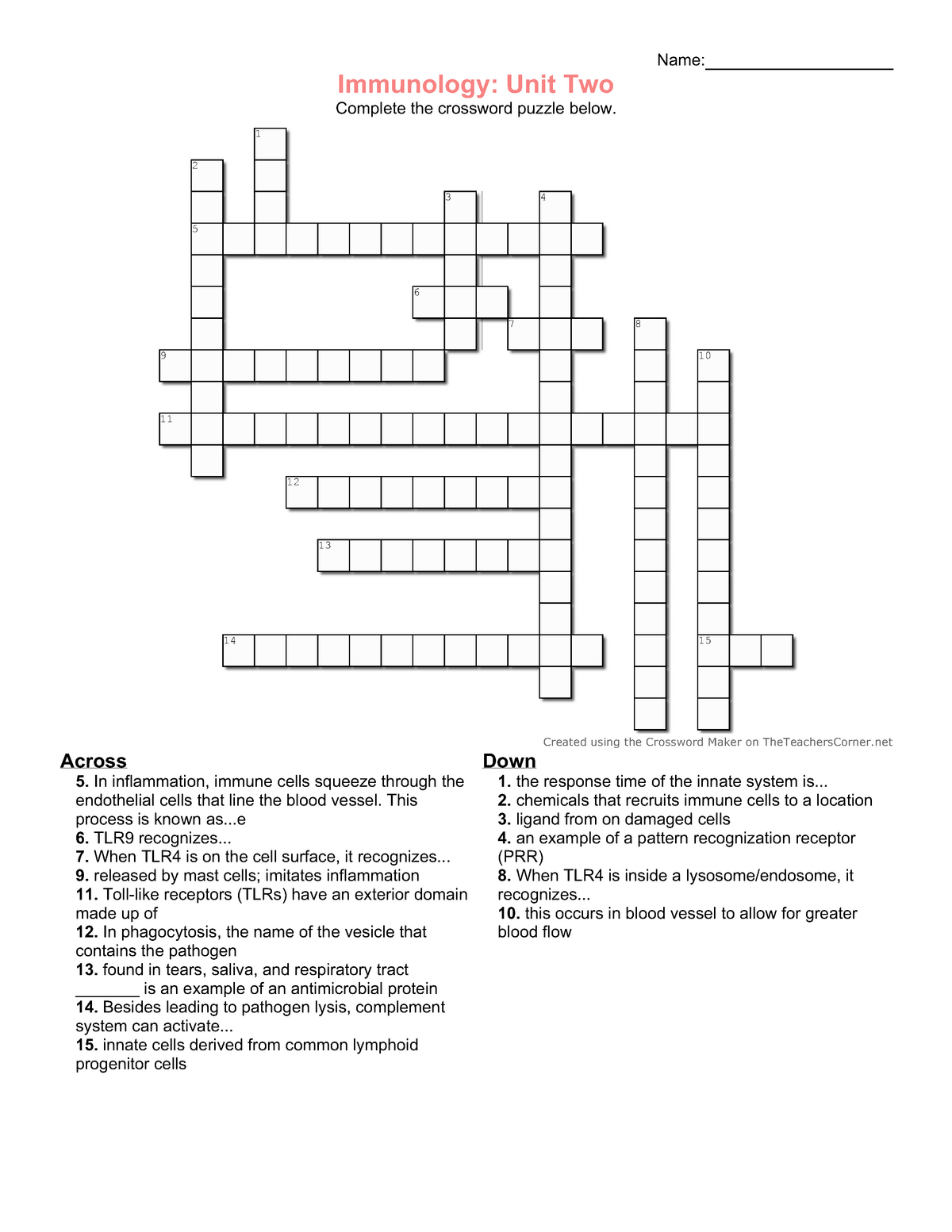 Immunology Unit 2 Crossword Across In inflammation immune cells
