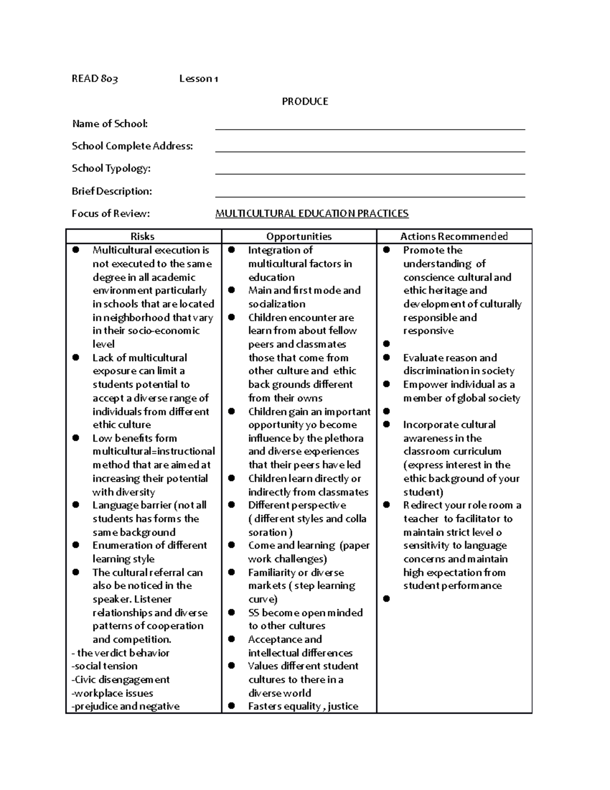 READ 803 Lesson 1 Produce Risk Opportunity Analysis 2 - READ 803 Lesson ...