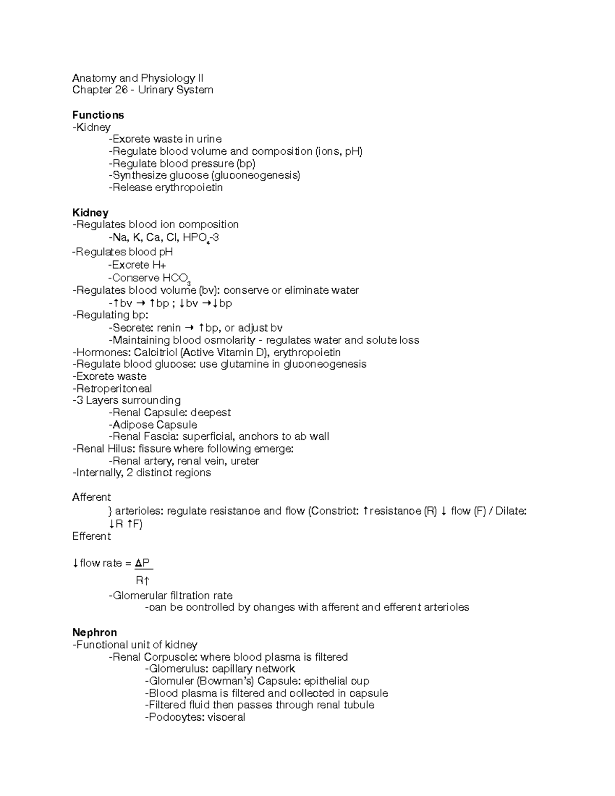 A&P II chap 26 notes PDF - Urinary System: functions, kidney ...