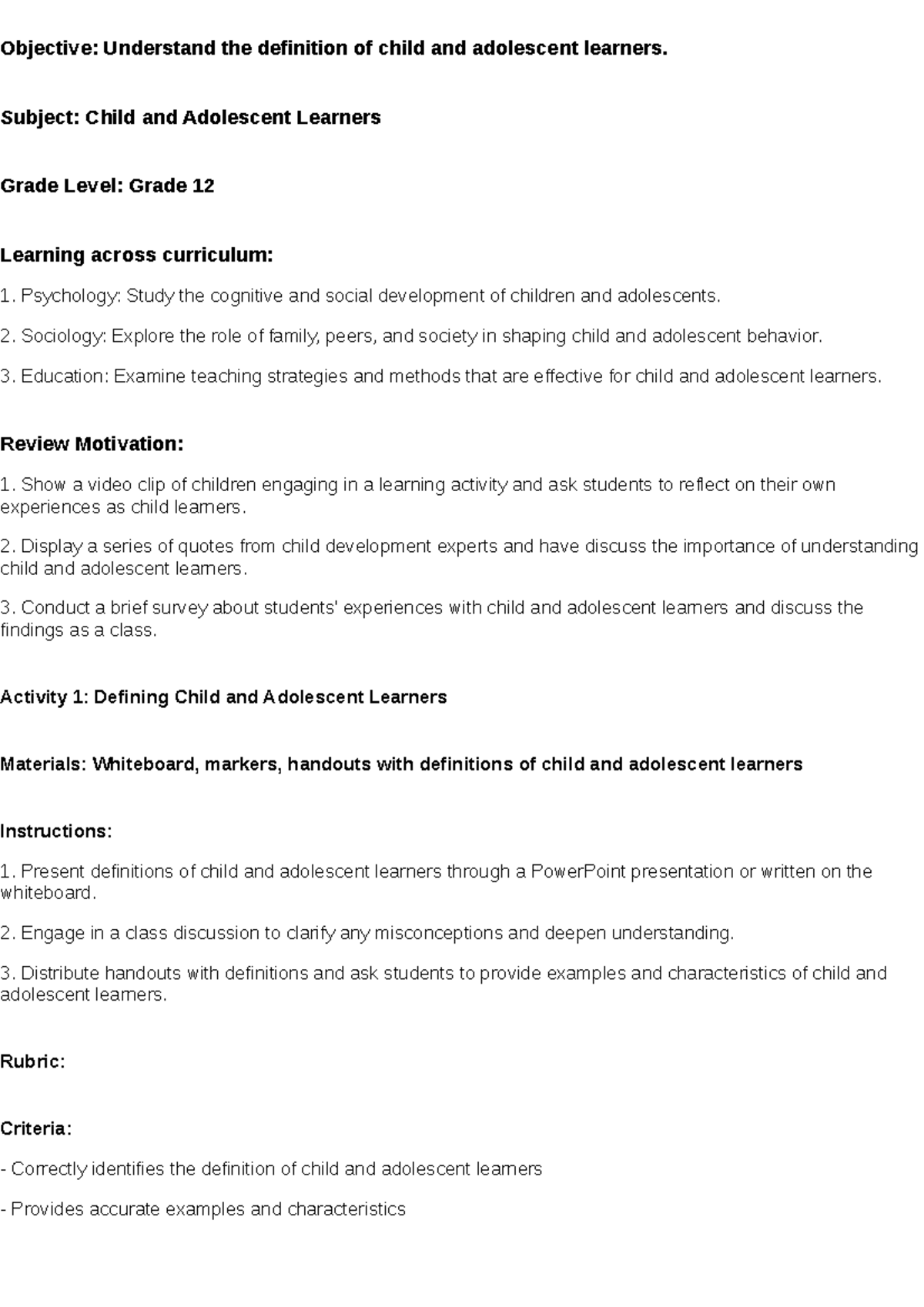 Lesson plan - Objective: Understand the definition of child and ...