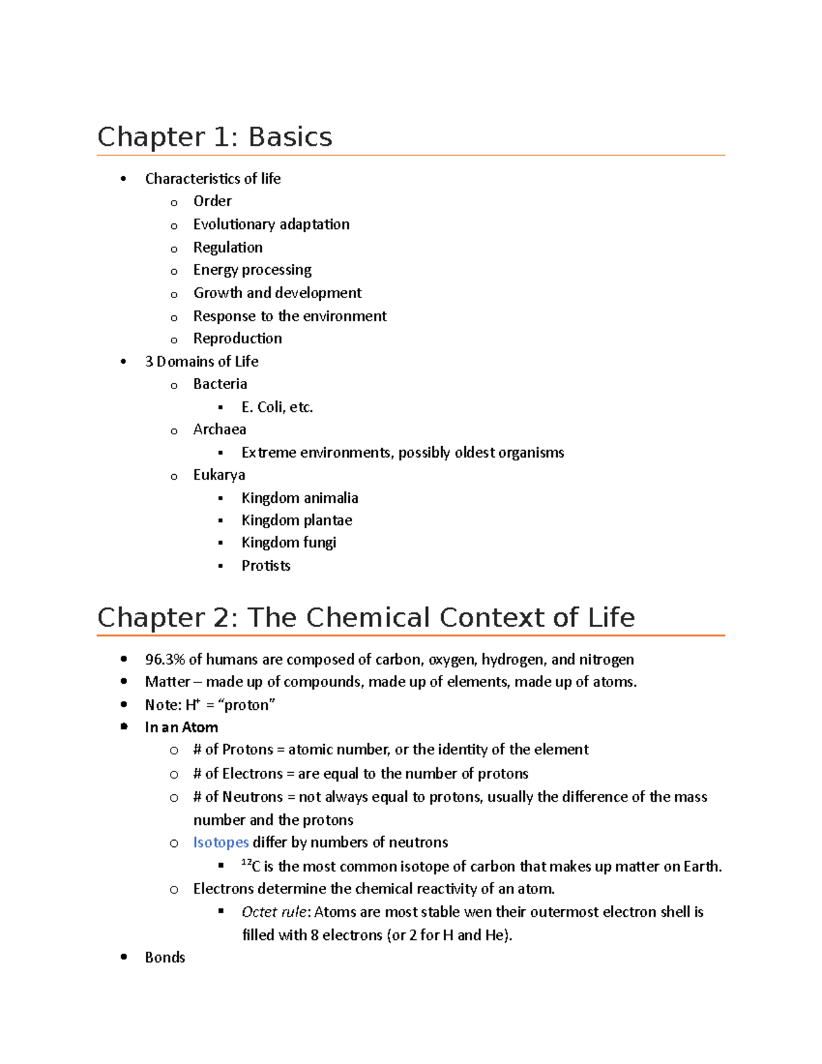 Biology K101 Condensed Lecture Notes - Chapter 1: Basics ...