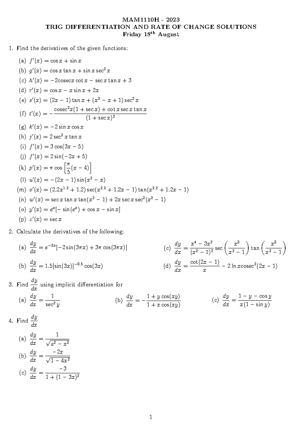 Trig Differentiation & Rate of Change Solutions - MAM1110H - 2023 TRIG ...