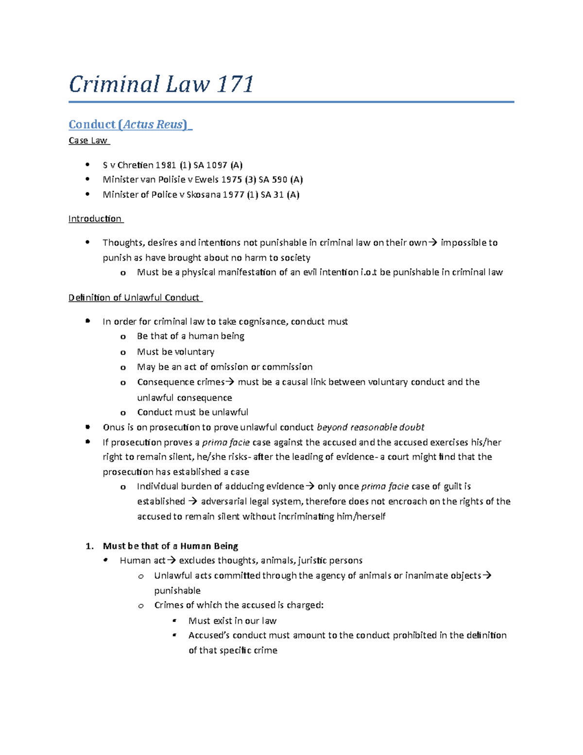 Criminal Law 171.docx full notes Criminal Law 171 Conduct ( Actus