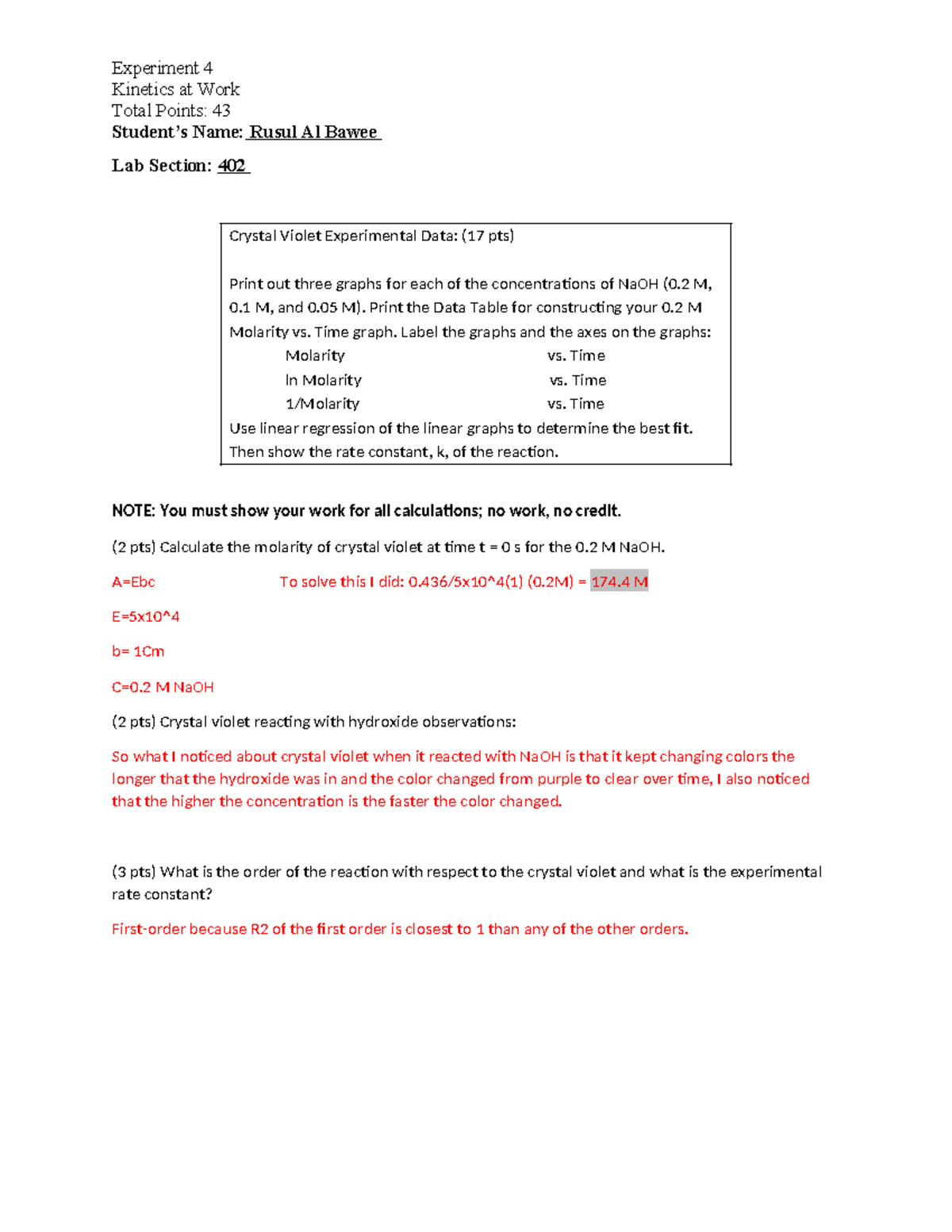 CHEM 110L - Experiment 4 Kinetics at Work - Experiment 4 Kinetics at ...