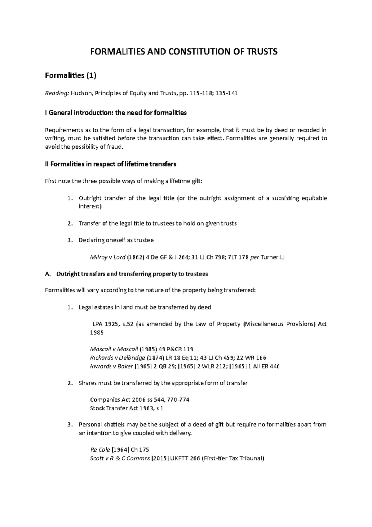 Formalities AND Constitution OF Trusts - LAW3026 - Northampton - Studocu