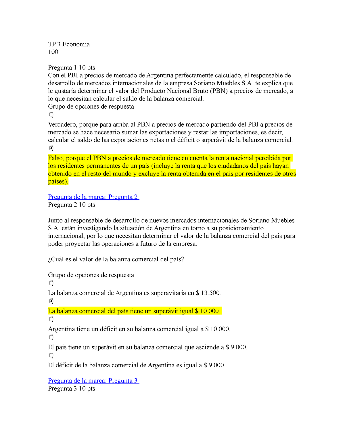 TP 3 Economia - Trabajos Practicos 3 - TP 3 Economia 100 Pregunta 1 10 ...