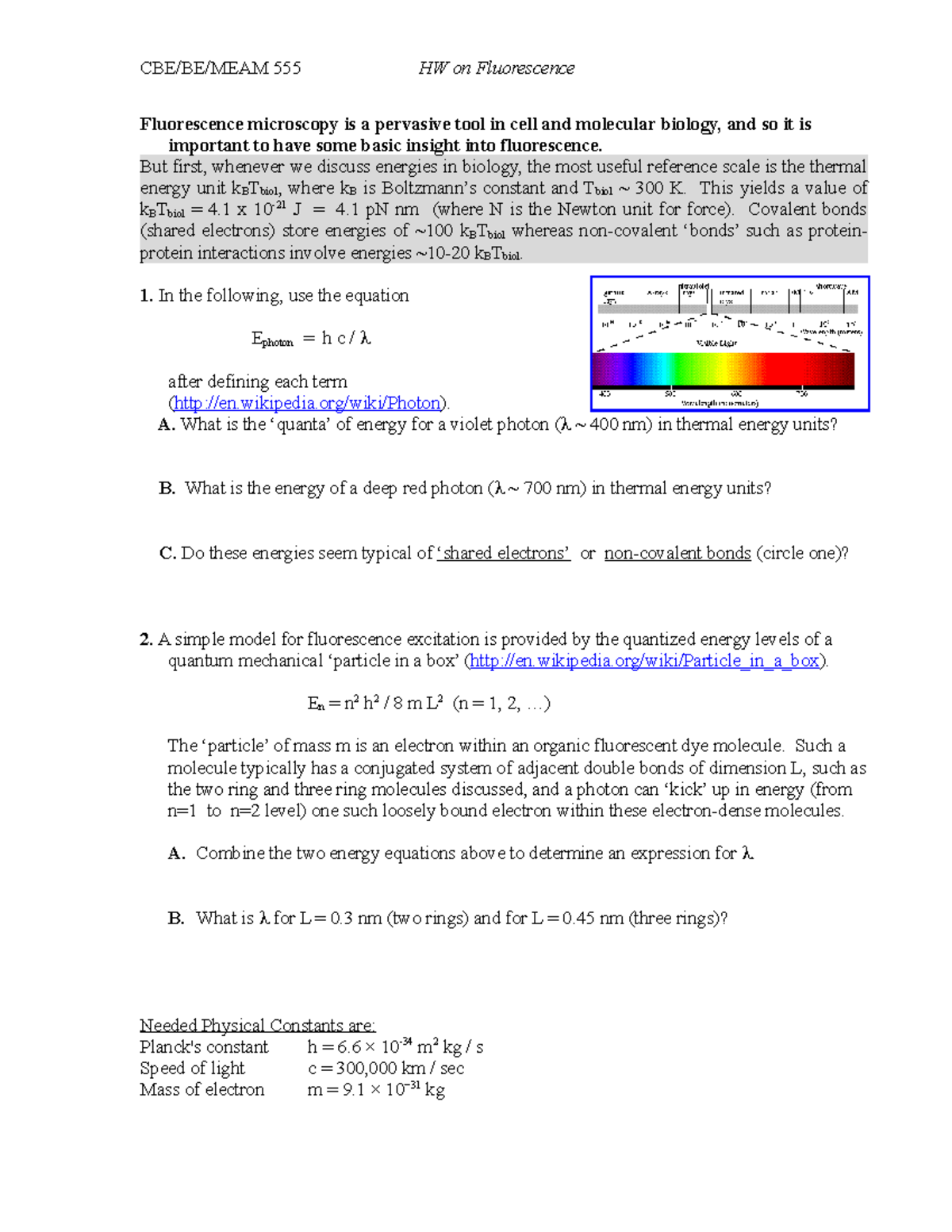 HW Fluorescence - CBE/BE/MEAM 555 HW on Fluorescence Fluorescence ...
