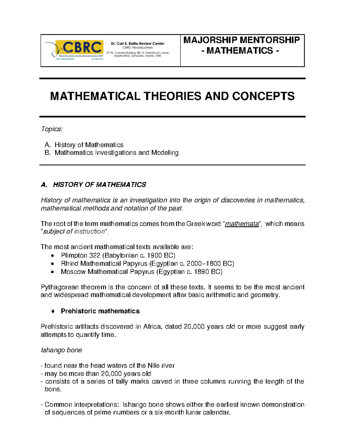 Mathematical Theories AND Concepts handout - MATHEMATICAL THEORIES AND ...