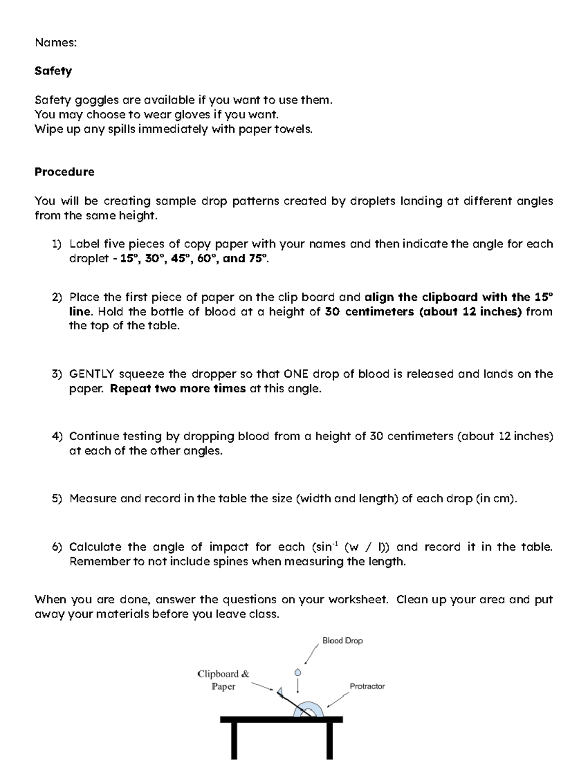 Blood Drop Lab Part 2 - is to hard to understnad - Names: Safety Safety ...