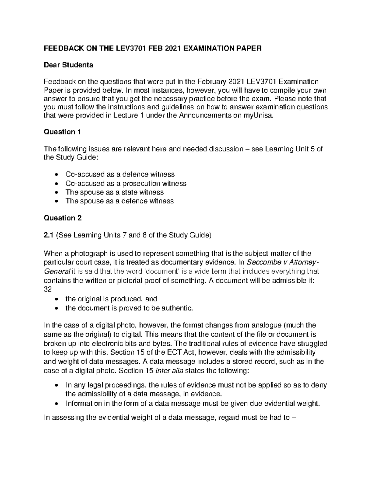 LEV3701Feb2021Exam Feedback - FEEDBACK ON THE LEV3701 FEB 2021 ...